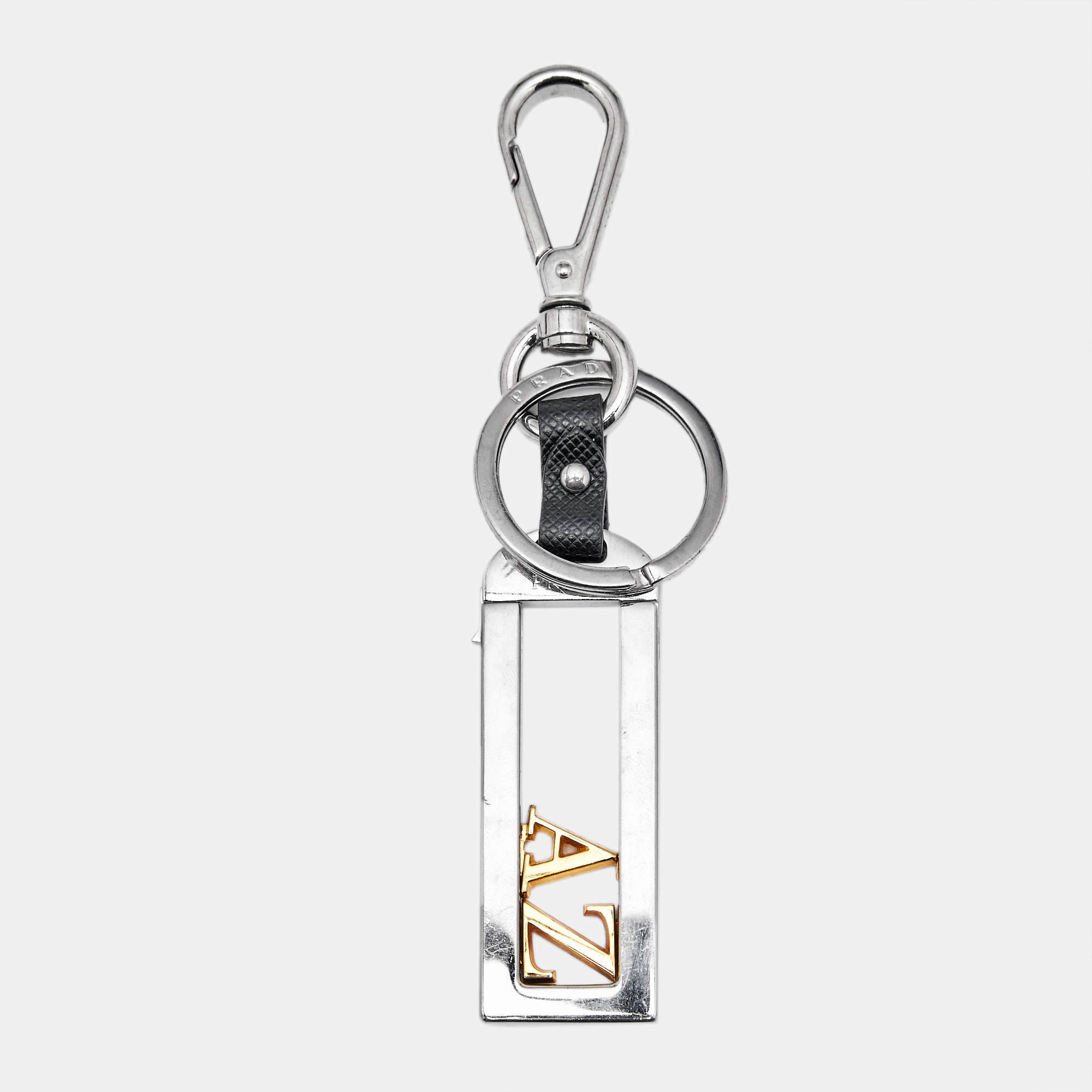 Pre Owned Prada Letters Leather Two Tone Metal Key Chain