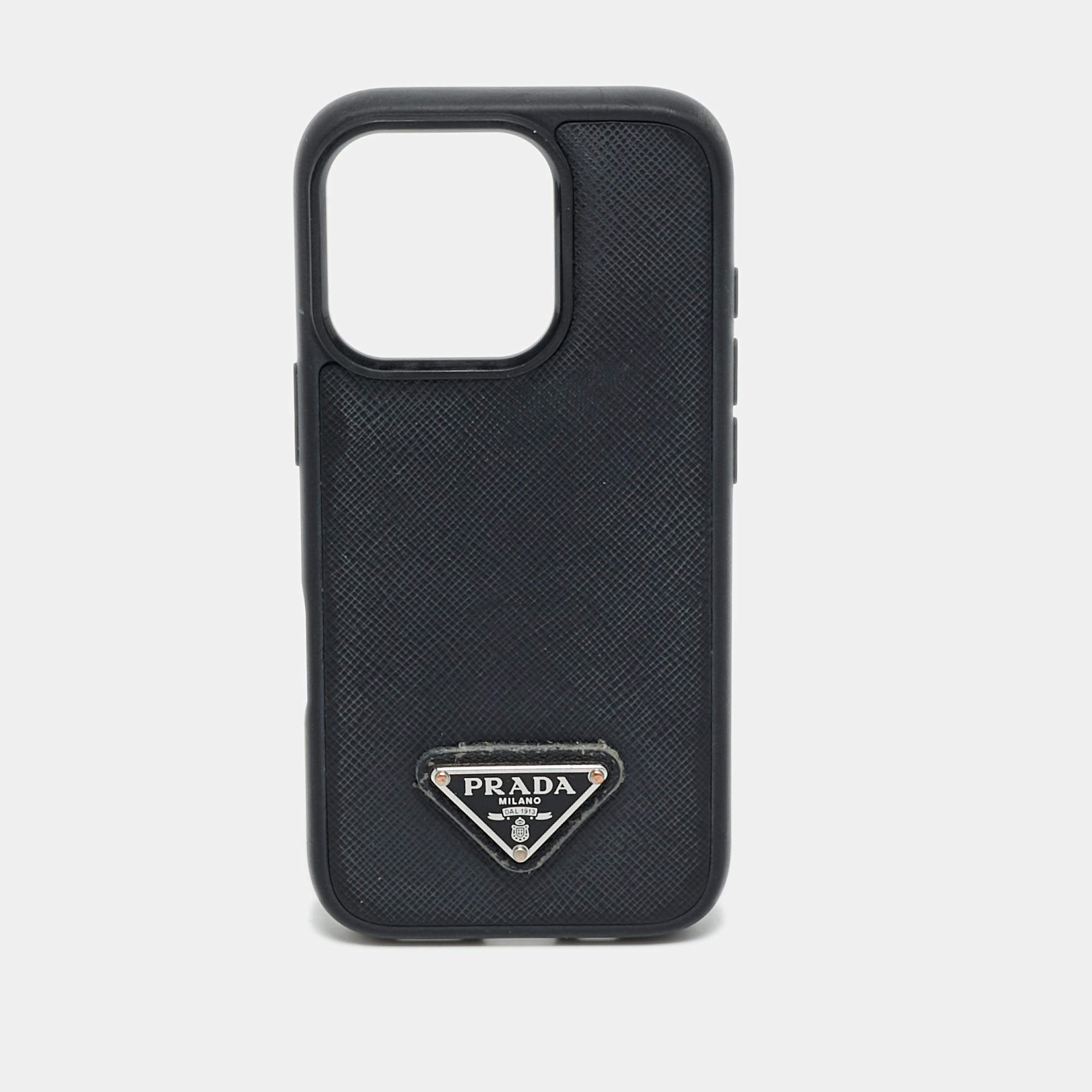 Pre Owned Prada iPhone 14Pro Cover Black Saffiano Leather