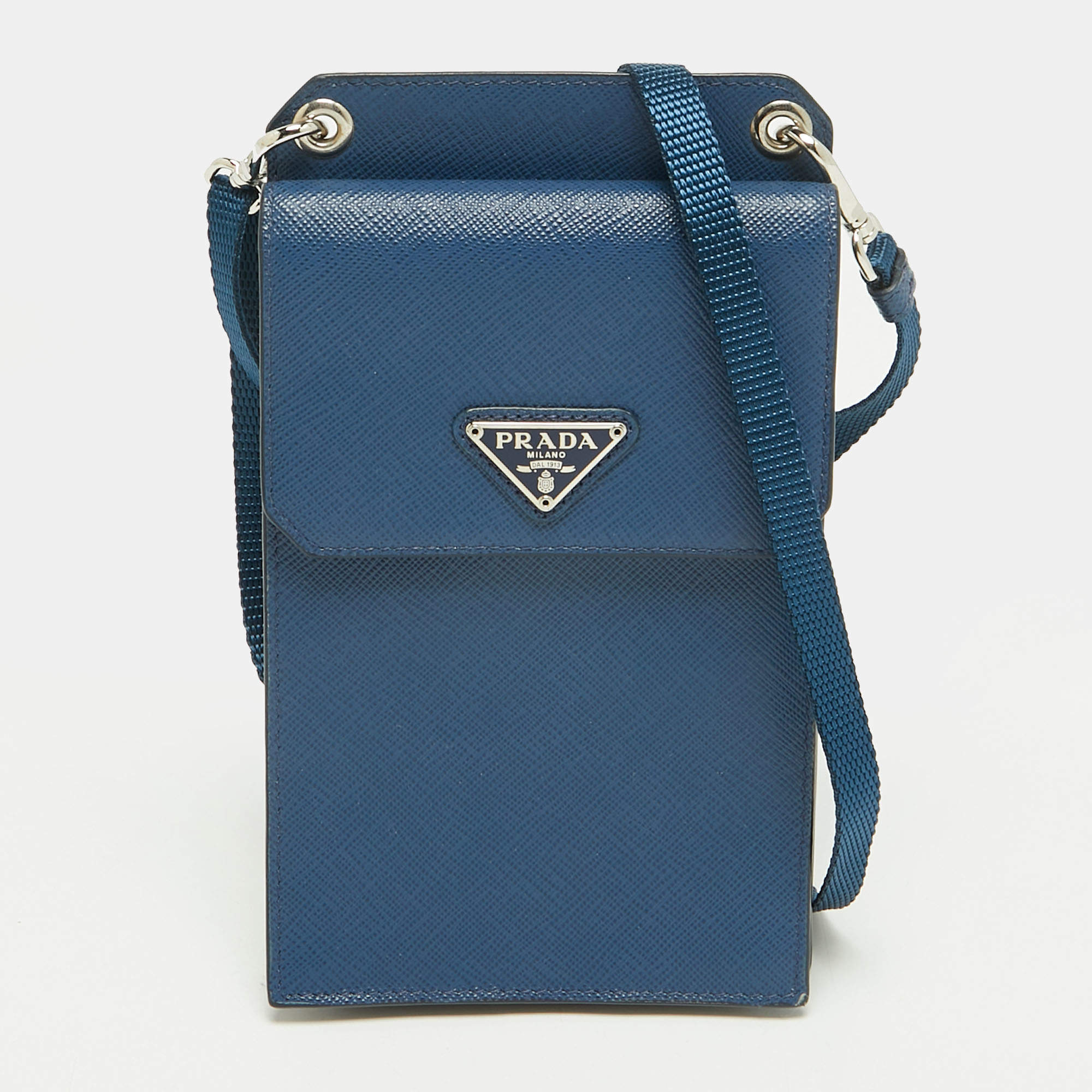 Pre Owned Prada Navy Blue Saffiano Lux Leather Phone Holder Crossbody Bag