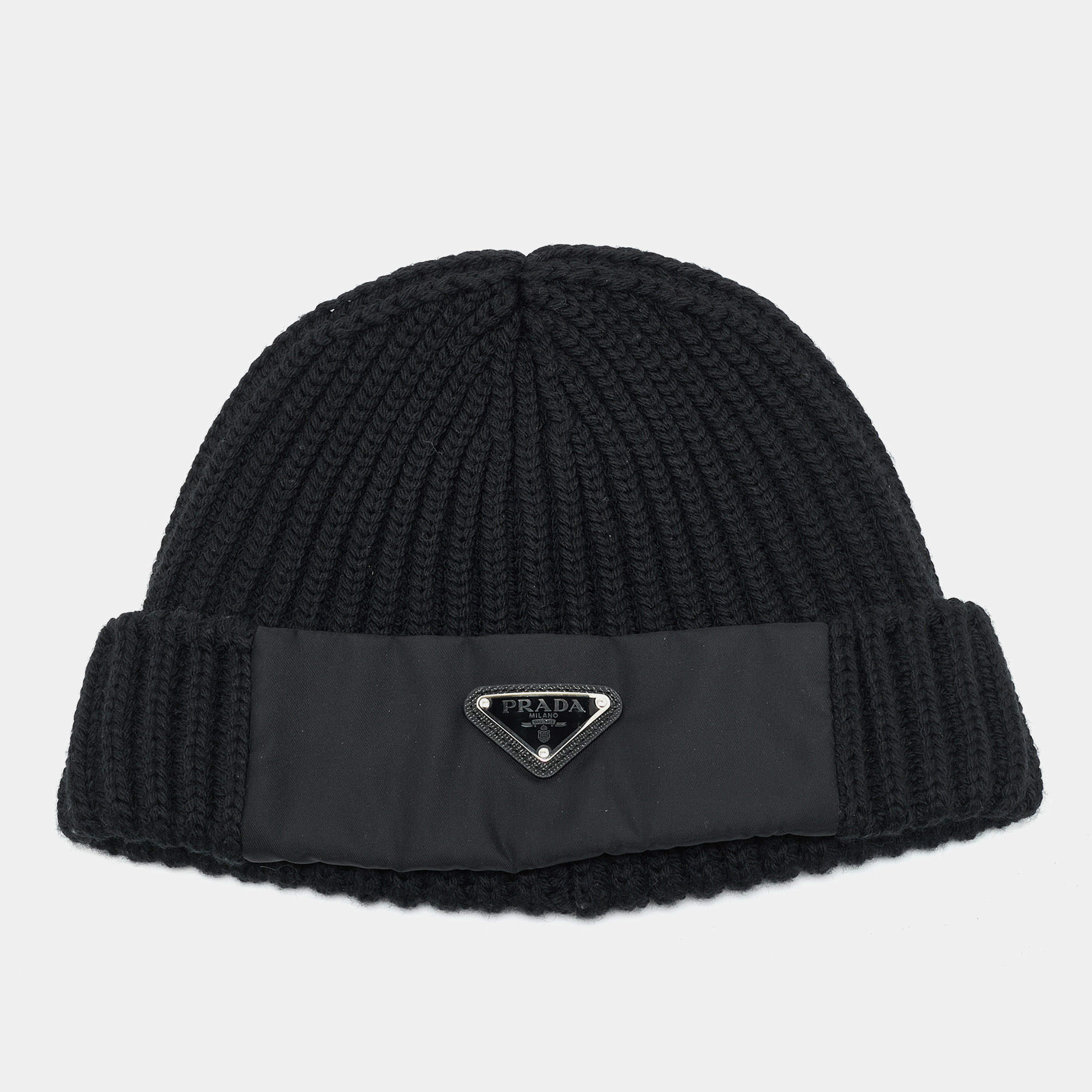 Pre Owned Prada Re-Nylon Black Gabardine and Wool Logo Detail Beanie L