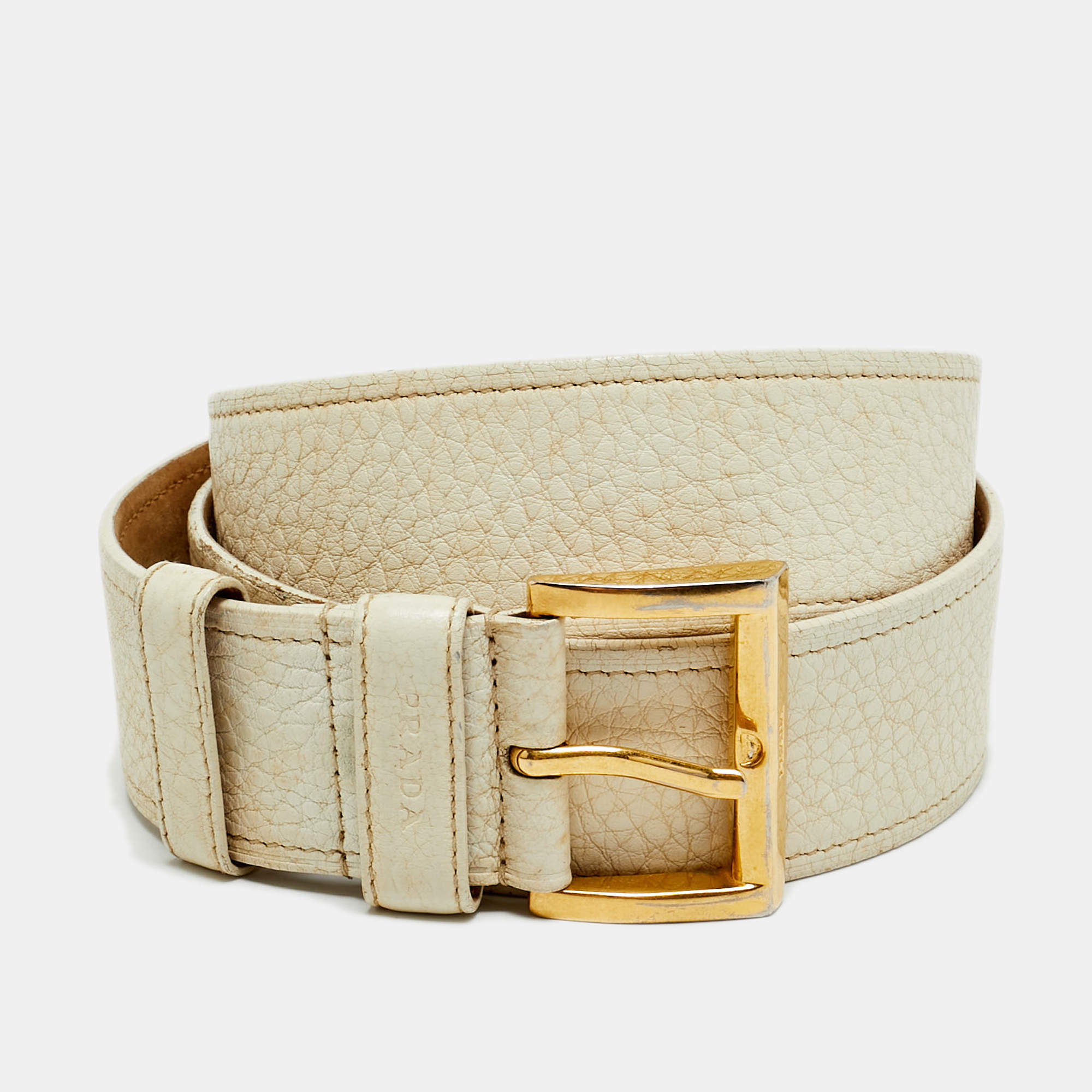 Pre Owned Prada Buckle Belt Off White Leather