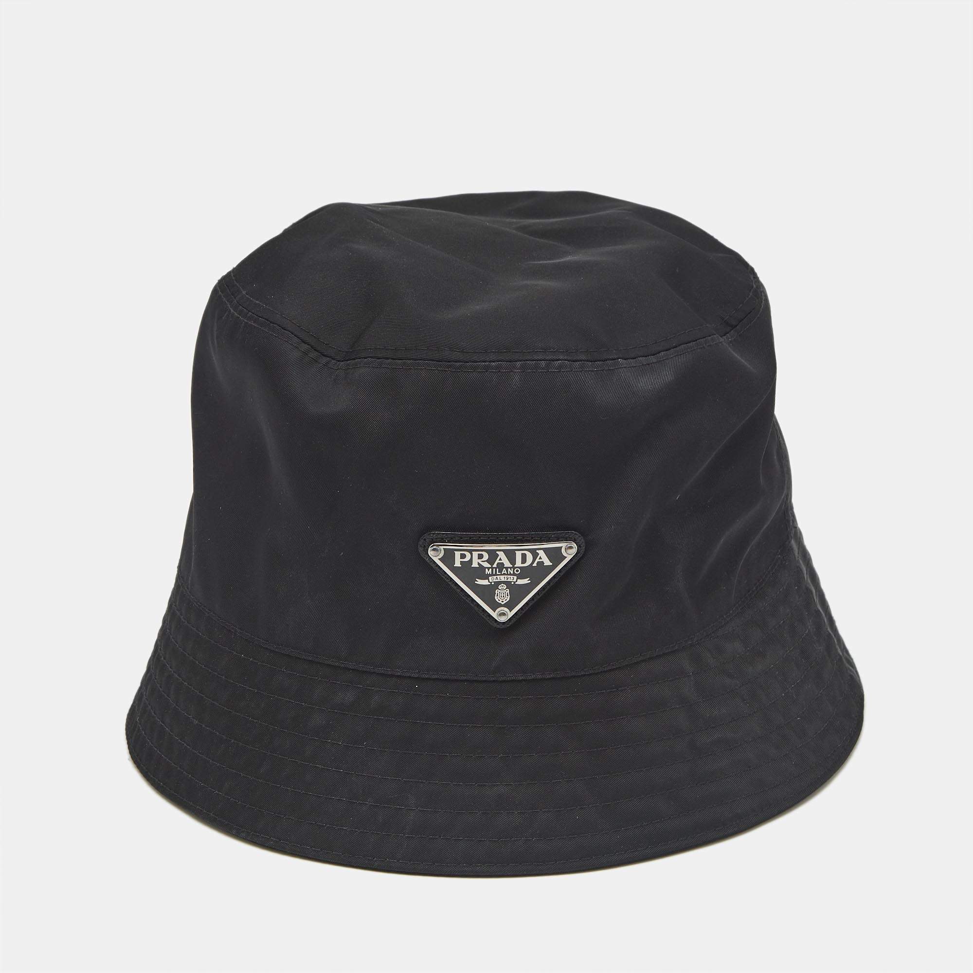 Pre Owned Prada Black Triangle Logo Re-Nylon Bucket Hat L