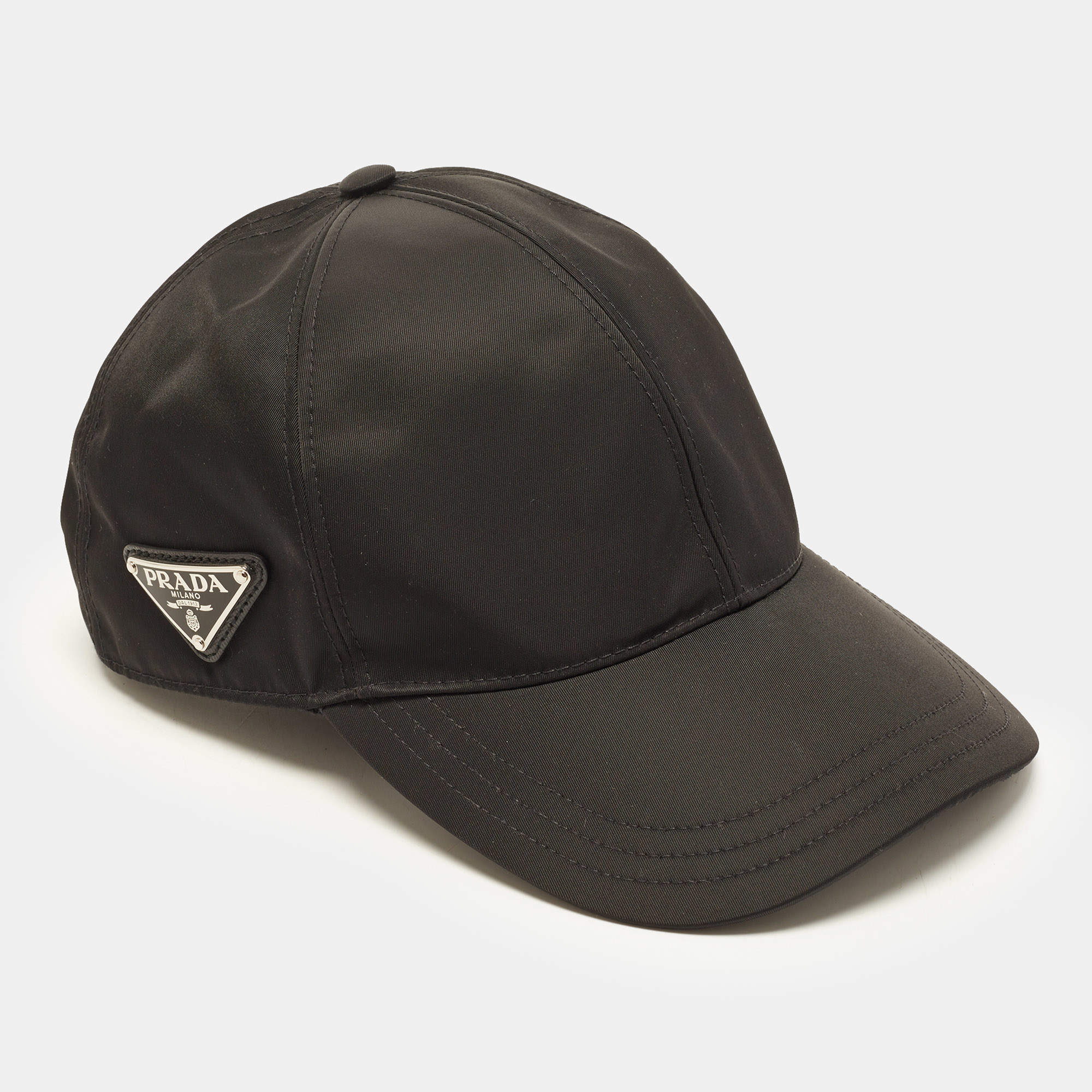 Pre Owned Prada Black Triangle Logo Plaque Re-Nylon Baseball Cap S 