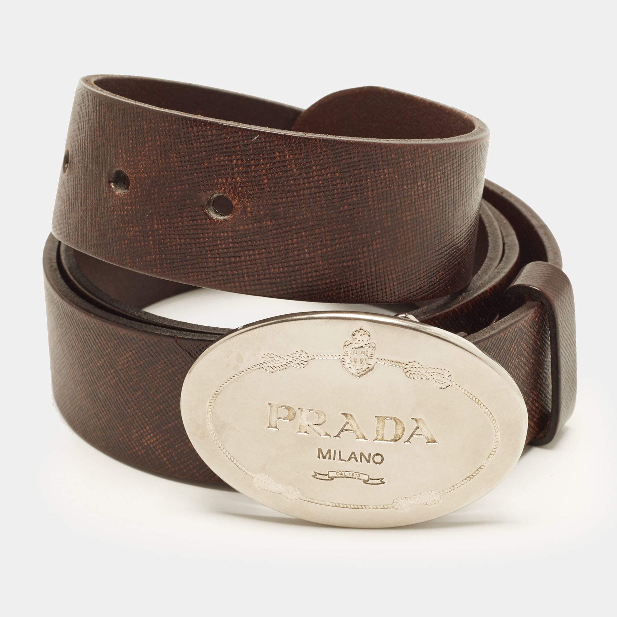 Pre Owned Prada Oval Plaque 95 CM Buckle Belt Brown Saffiano Leather