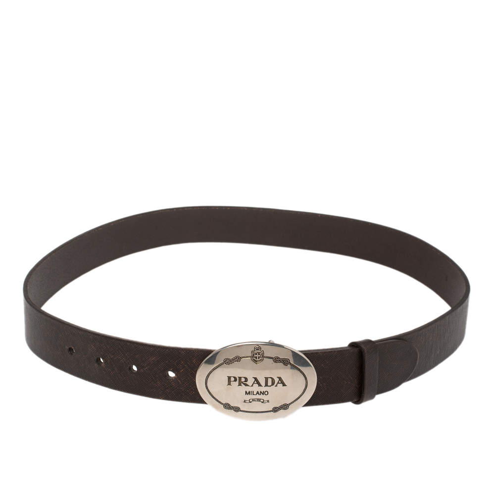 Prada Brown Leather Engraved Oval Plaque Buckle Belt 90CM