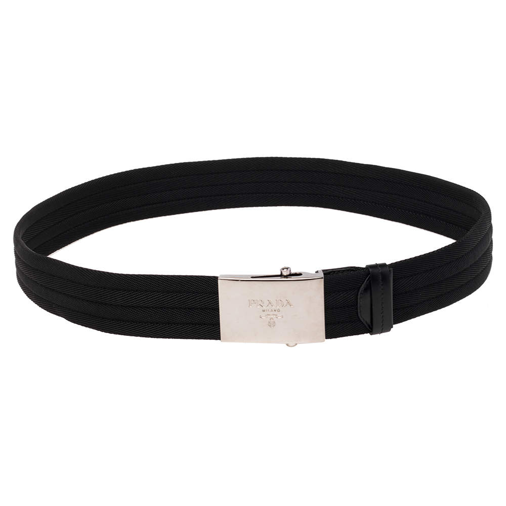 Pre Owned Prada Black Nylon and Leather Buckle Belt 95 CM