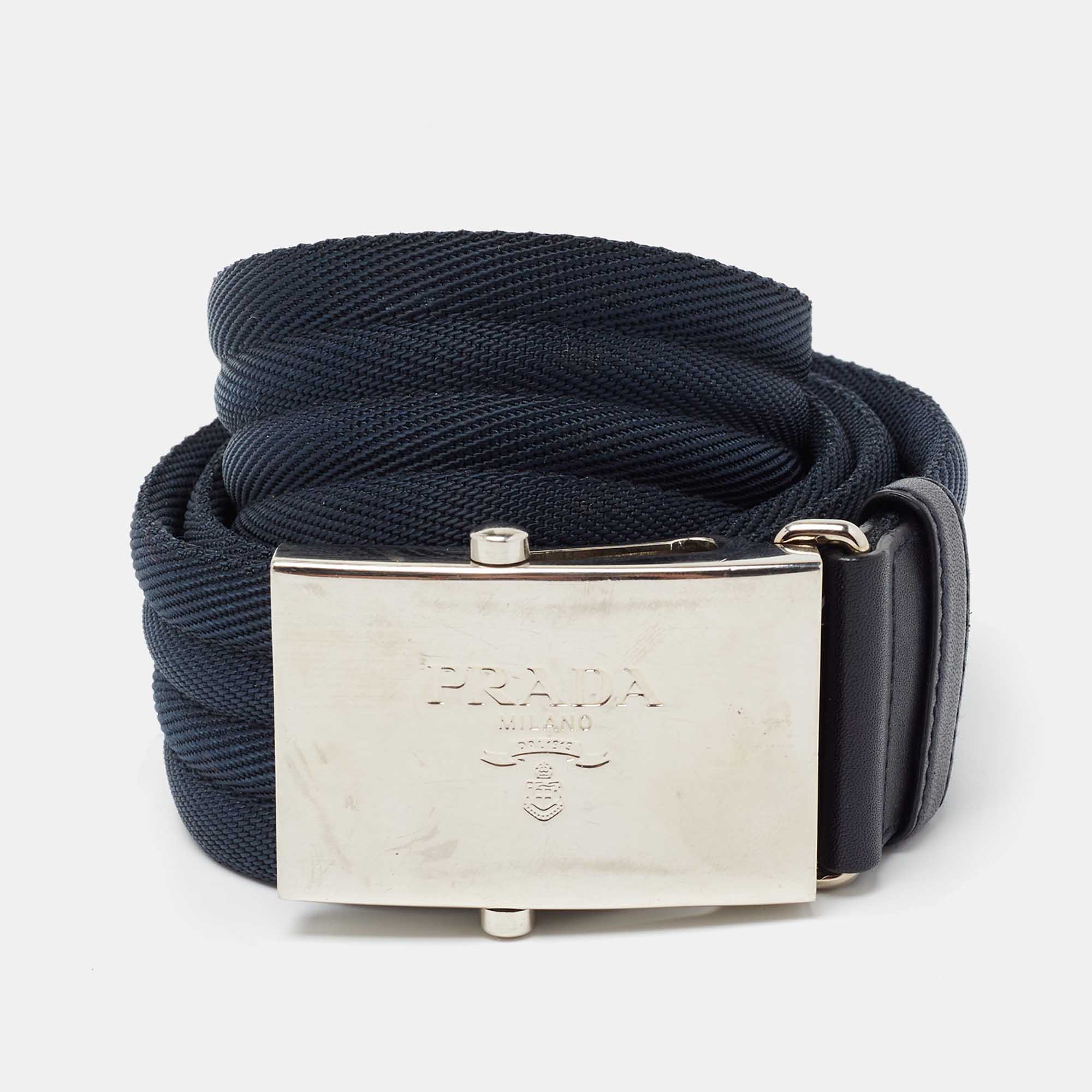 Pre Owned Prada Navy Blue Canvas and Leather Logo Plague Buckle Belt 95 CM