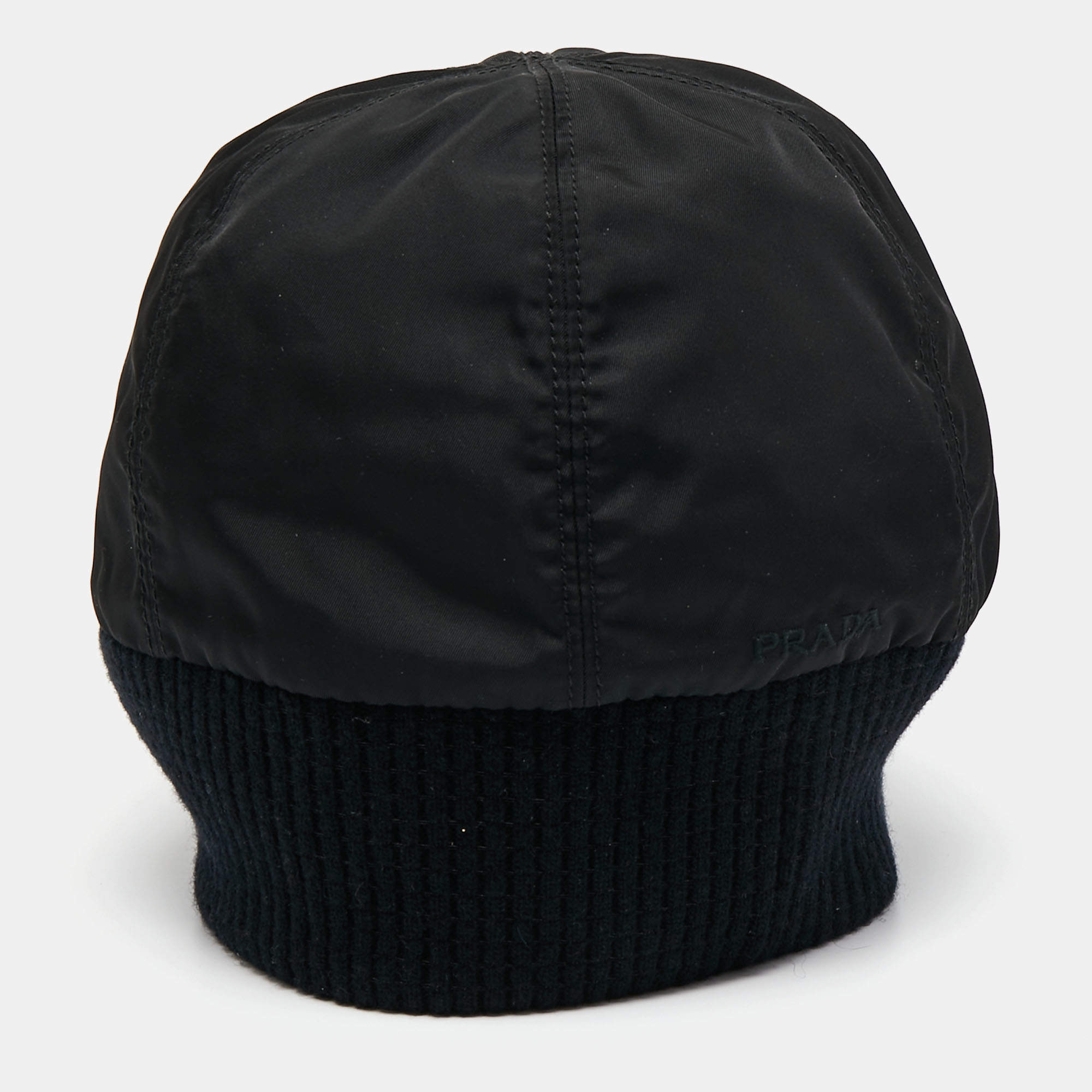 Prada Black Nylon Rib Knit Detail Beanie XL