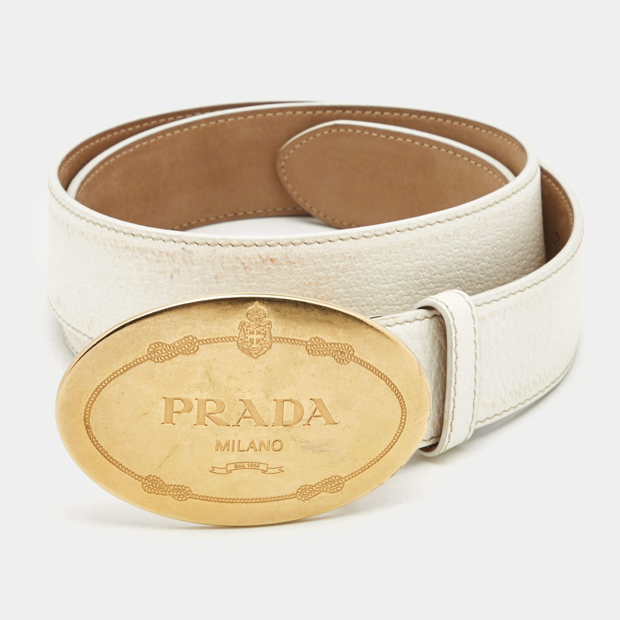 Prada White Leather Engraved Oval Plaque Buckle Belt 90CM