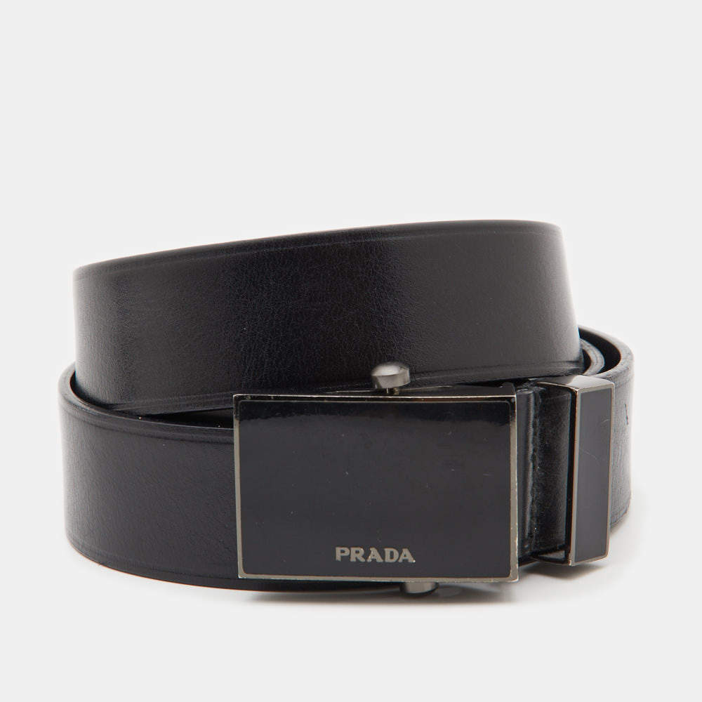 Pre Owned Prada Black Leather Logo Plague Buckle Belt 80CM