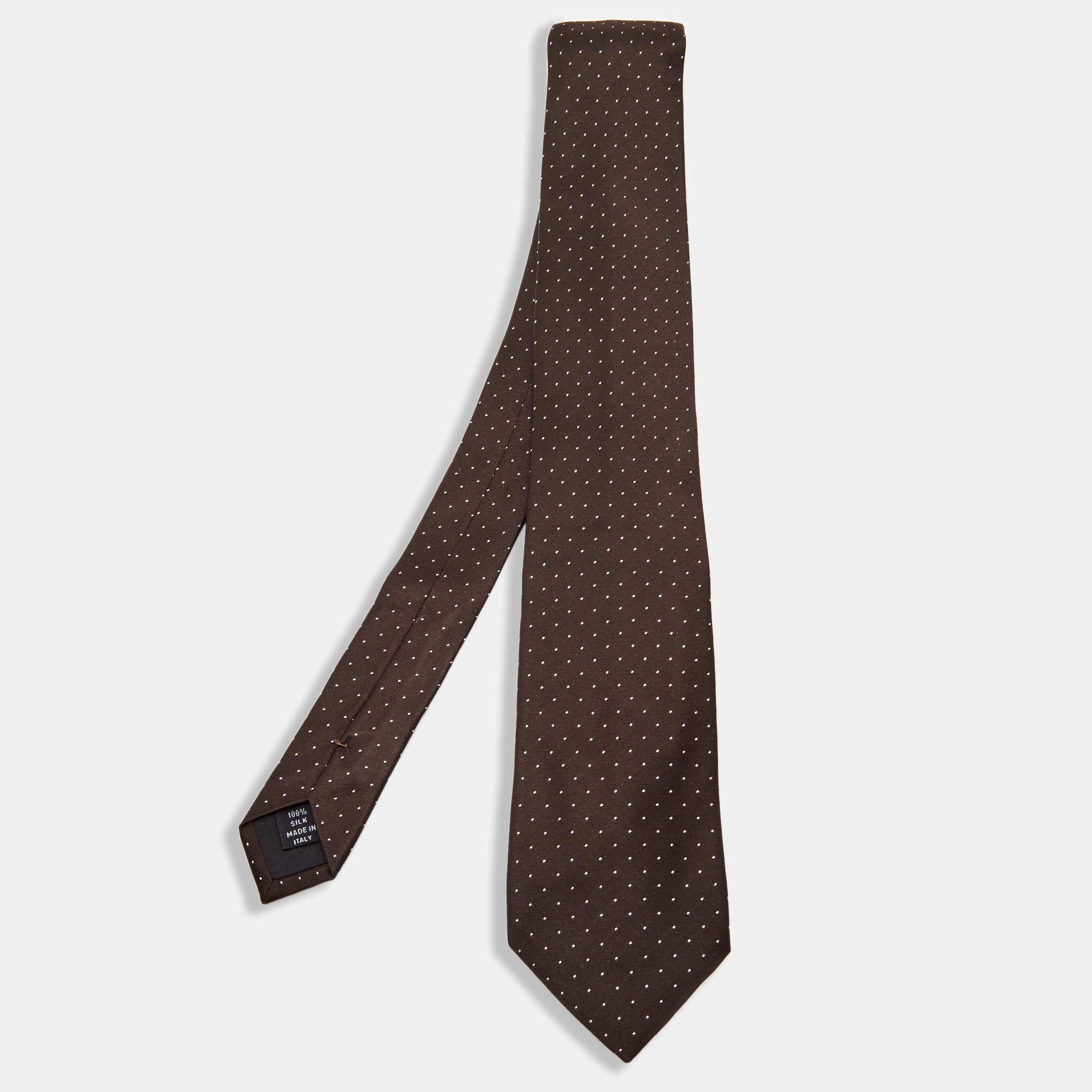 Pre Owned Prada Brown Dotted Silk Narrow Tie