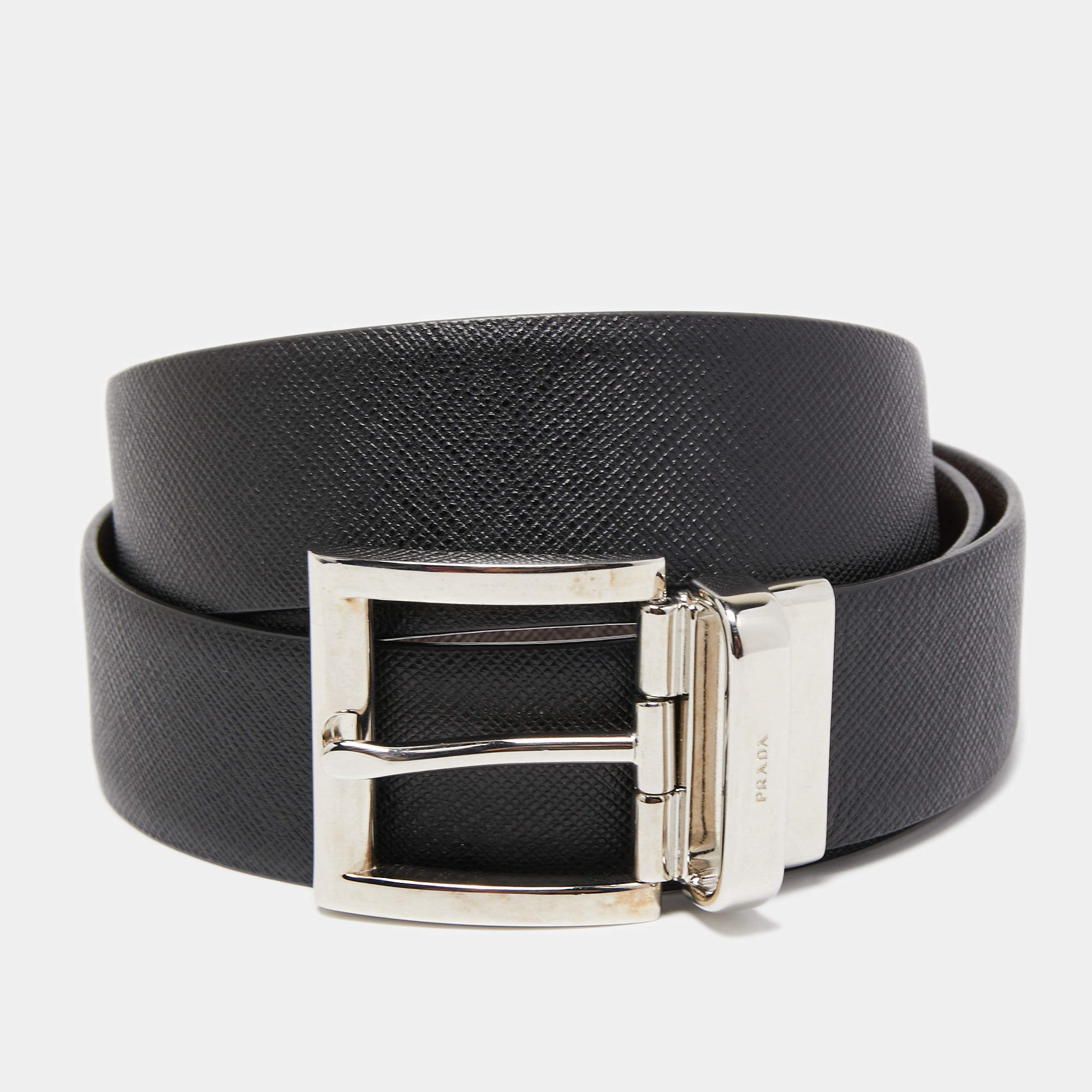 Prada Black/Brown Leather Reversible Buckle Belt 110CM
