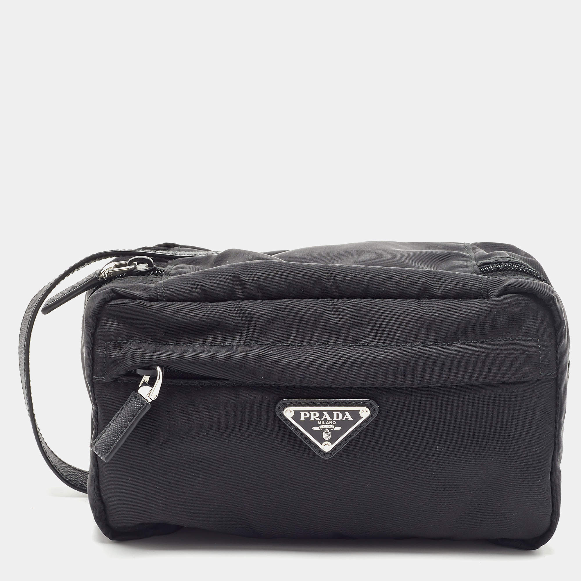 Pre Owned Prada Black Saffiano Leather and Nylon Logo Travel Pouch