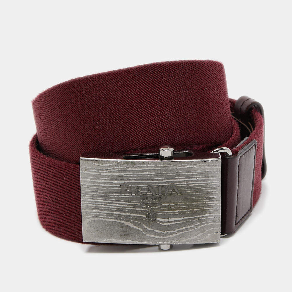 Prada Burgundy Leather and Canvas Logo Plate Buckle Belt 90CM