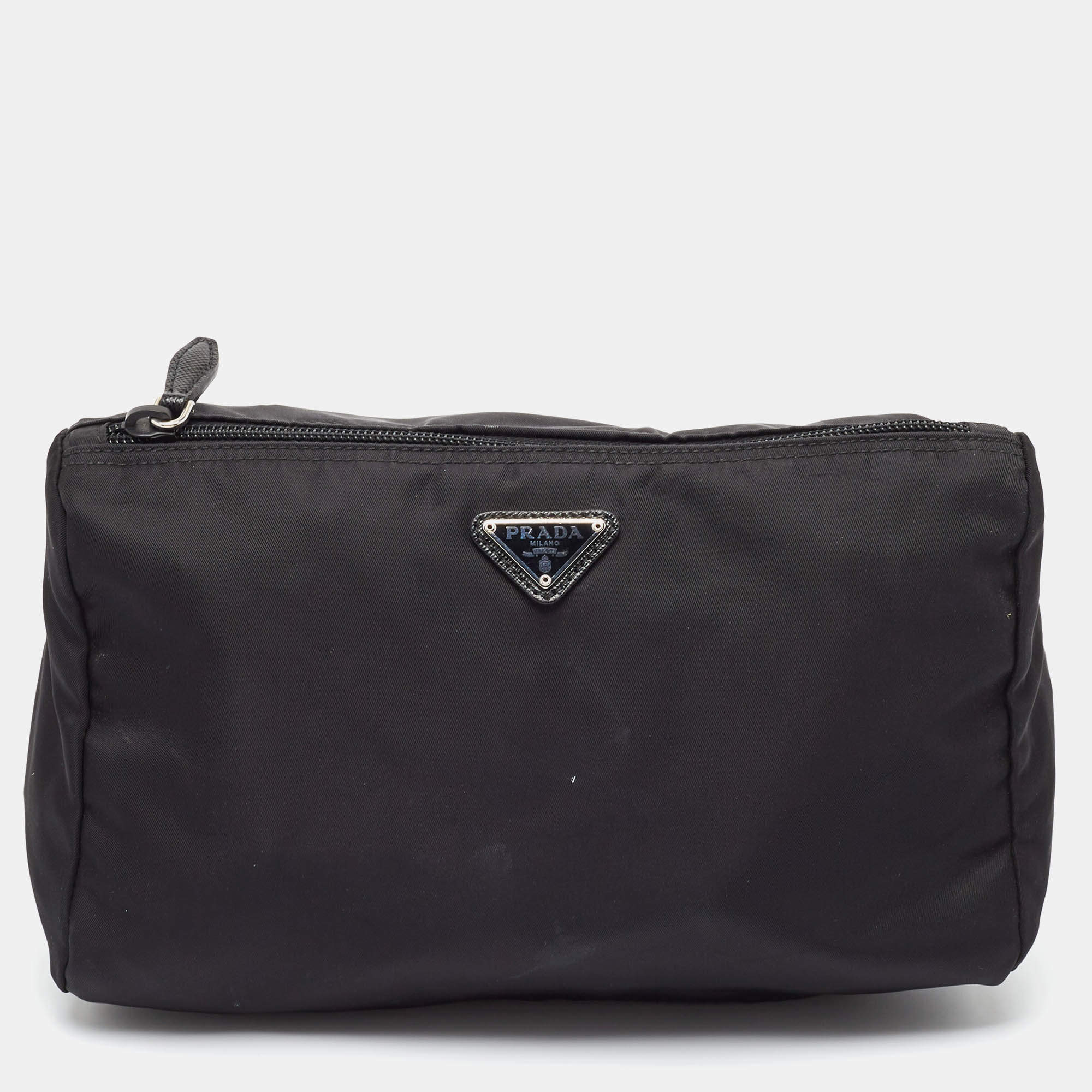 Pre Owned Prada Black Nylon Logo Zip Pouch