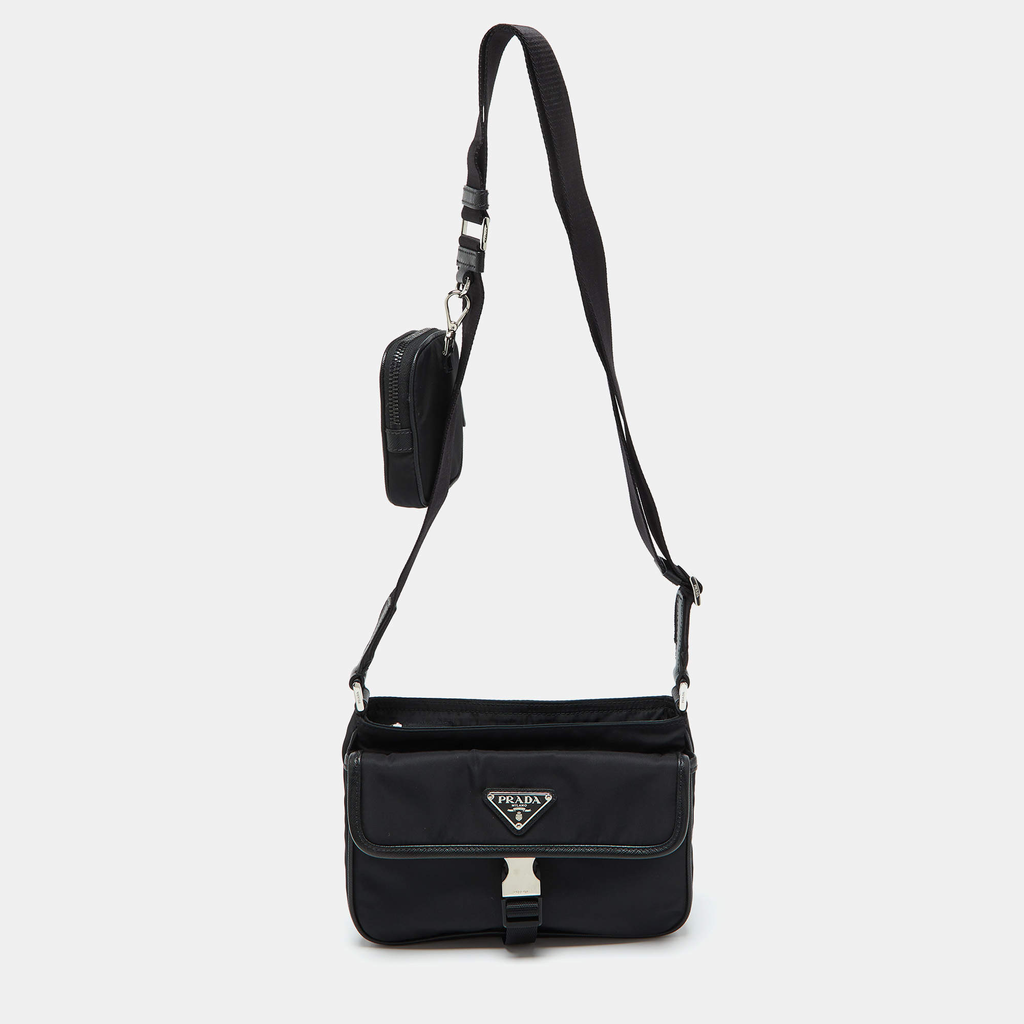 Prada Black Re-Nylon and Saffiano Leather Messenger Bag