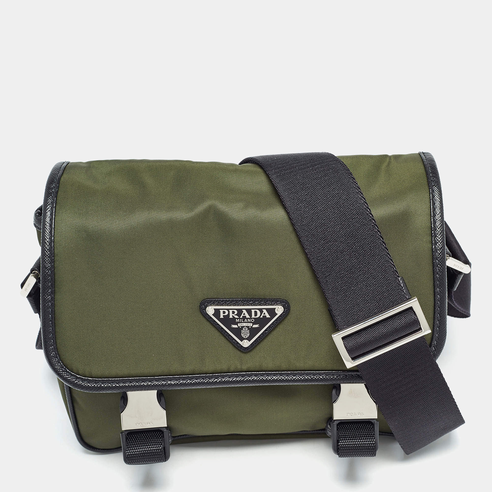 Prada Green/Black Nylon and Leather Buckle Flap Messenger Bag
