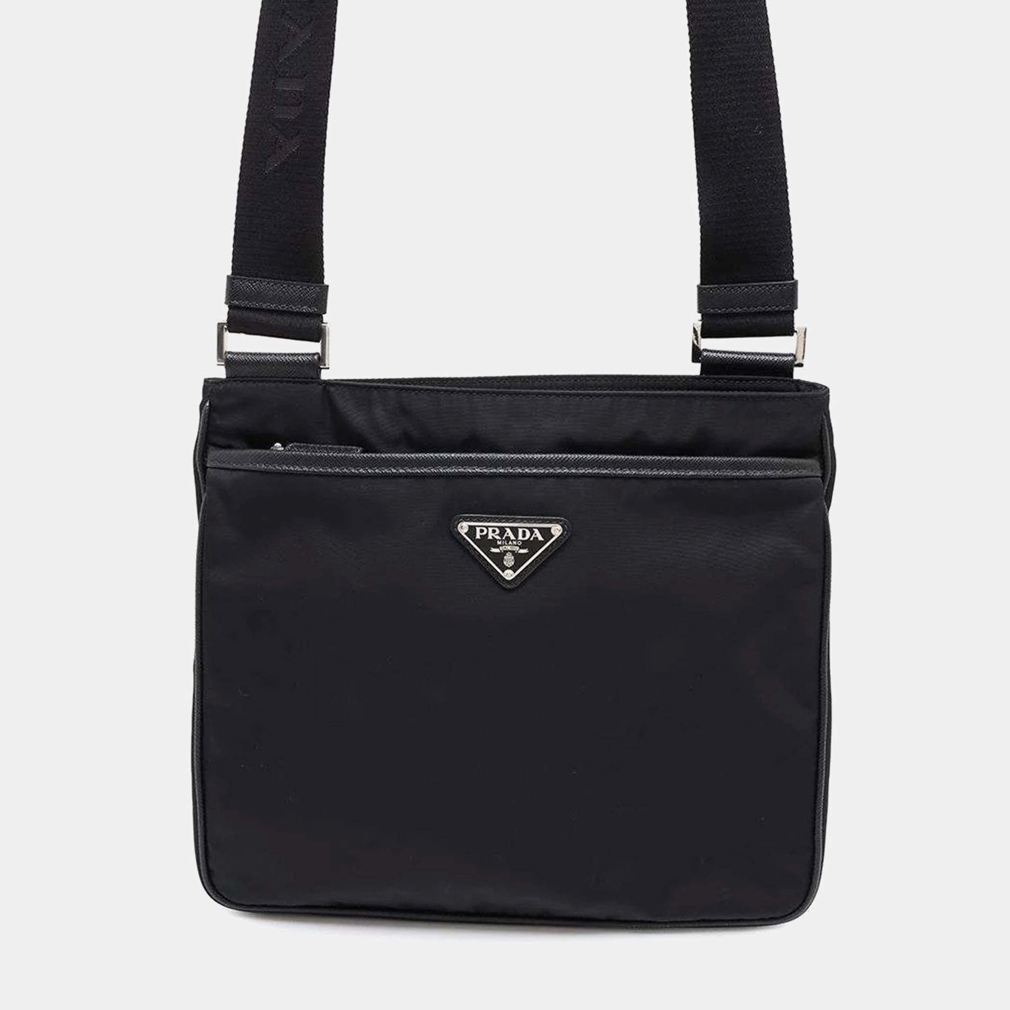 Prada Black Nylon Saffiano Leather Shoulder Bag