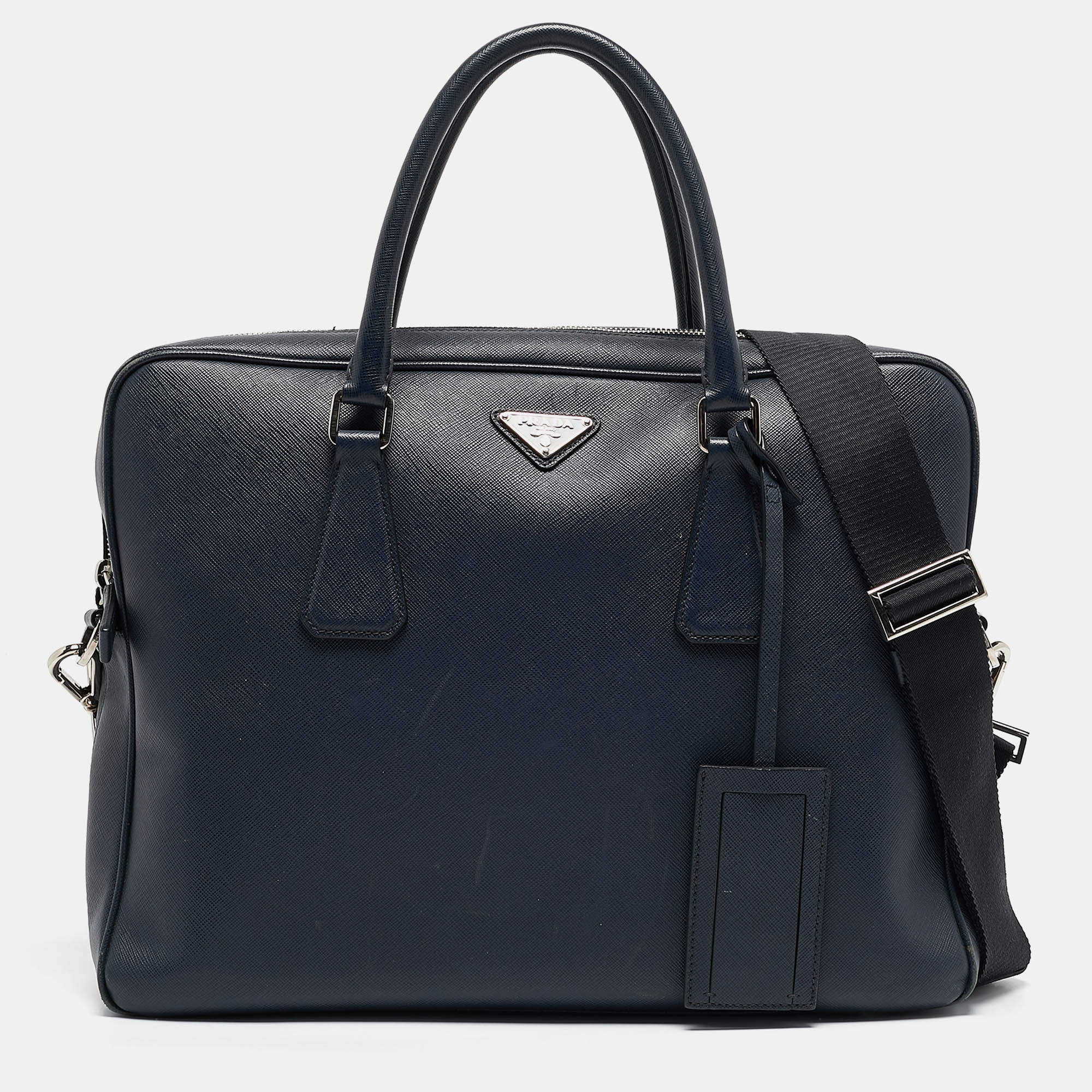 Prada Navy Blue Saffiano Leather Briefcase