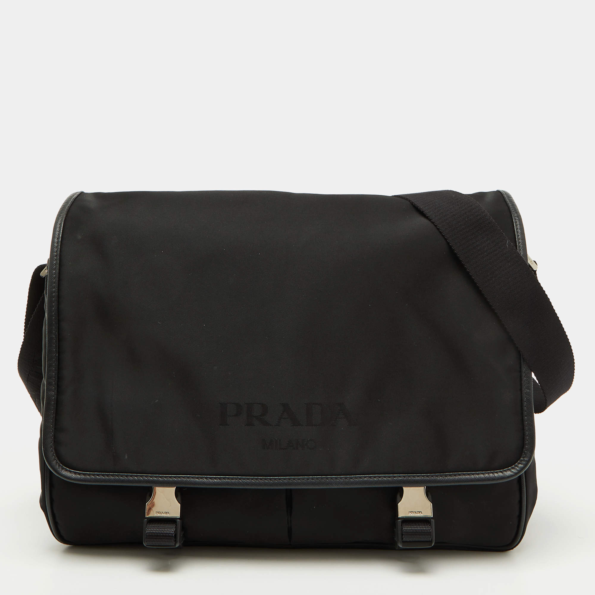 Prada Black Nylon Flap Messenger Bag