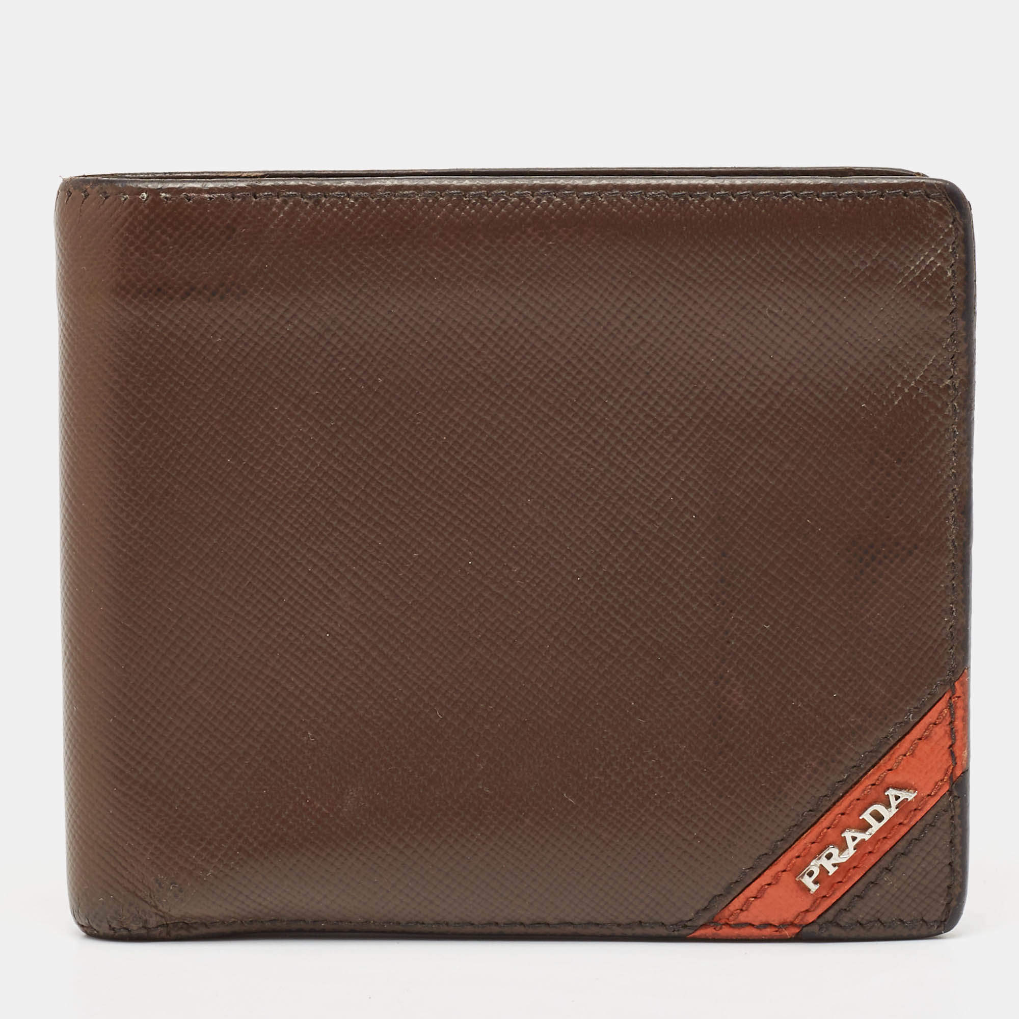 Prada Dark Brown/Orange Saffiano Metal Leather Bi Fold Wallet