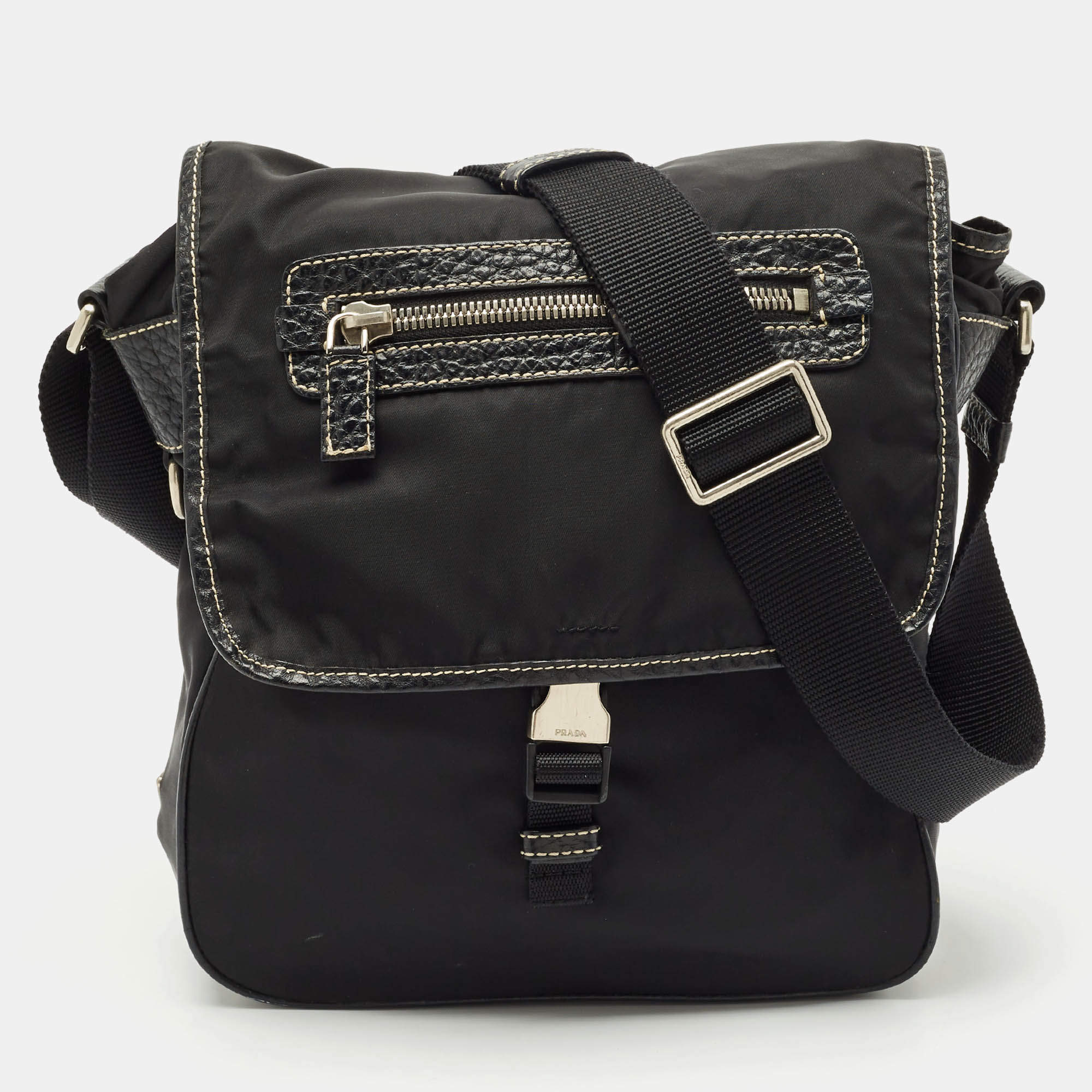 Prada Black Leather and Nylon Pocket Flap Messenger Bag