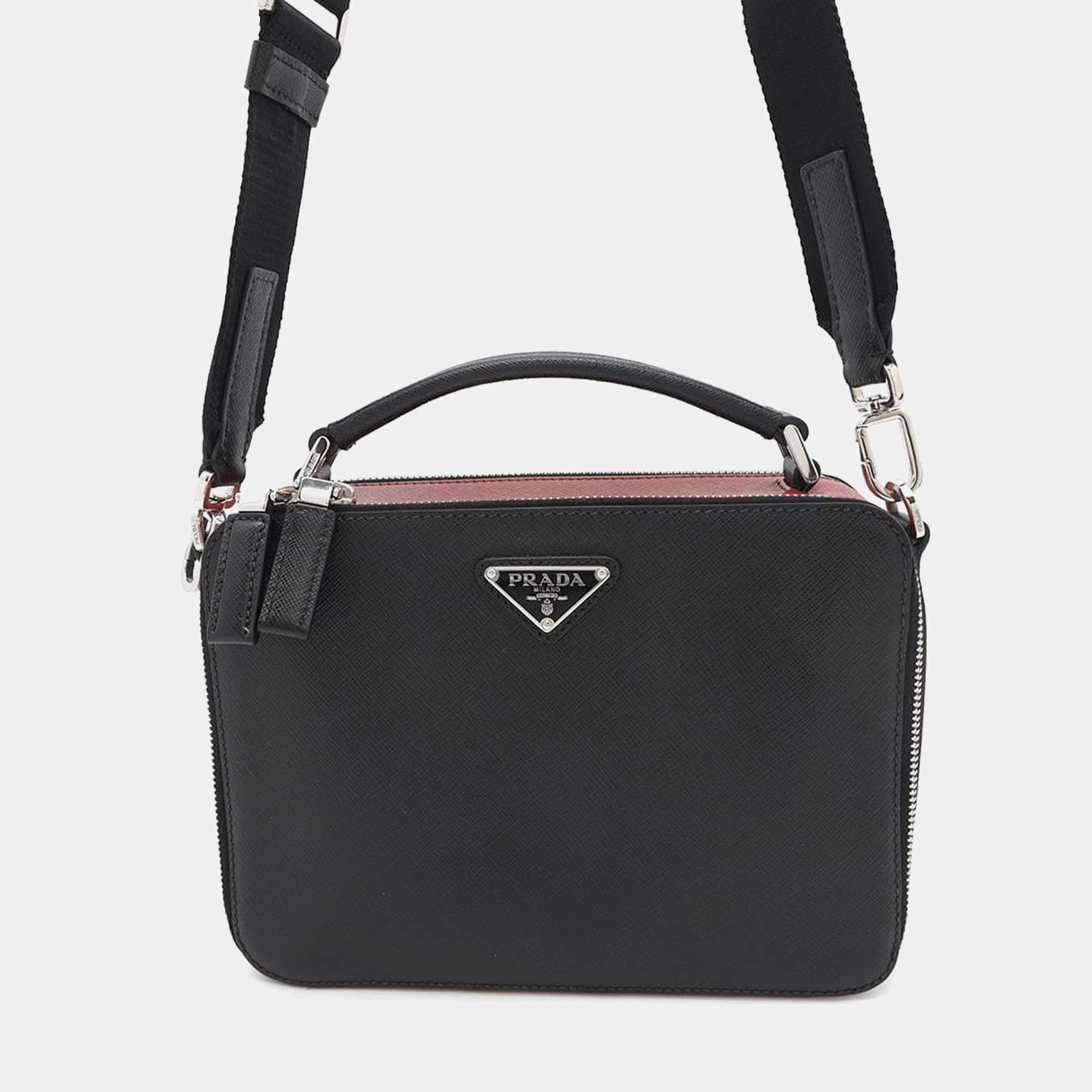 Prada Brique 2Way Shoulder Bag Black/Red Saffiano Leather