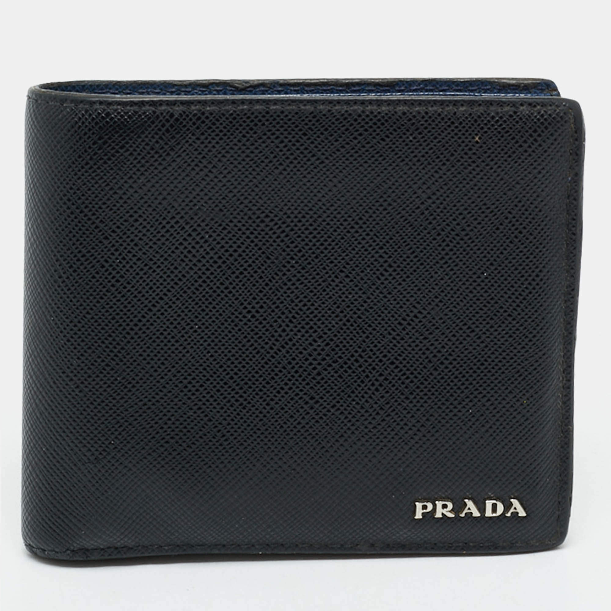 Pre Owned Prada Black Saffiano Metal Leather Logo Bifold Wallet