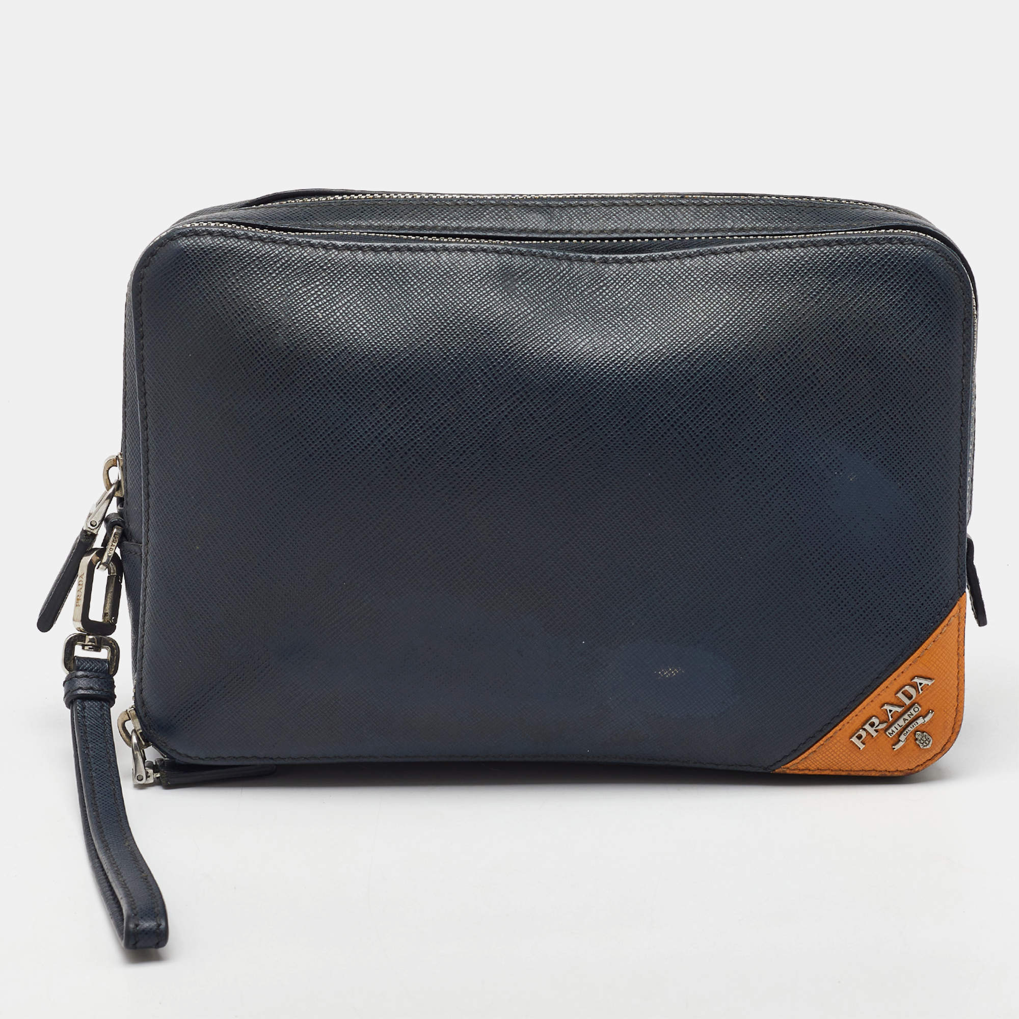 مملوكة مسبقًا حقيبة كلتش معصم برادا جلد سافيانيو أزرق كحلي