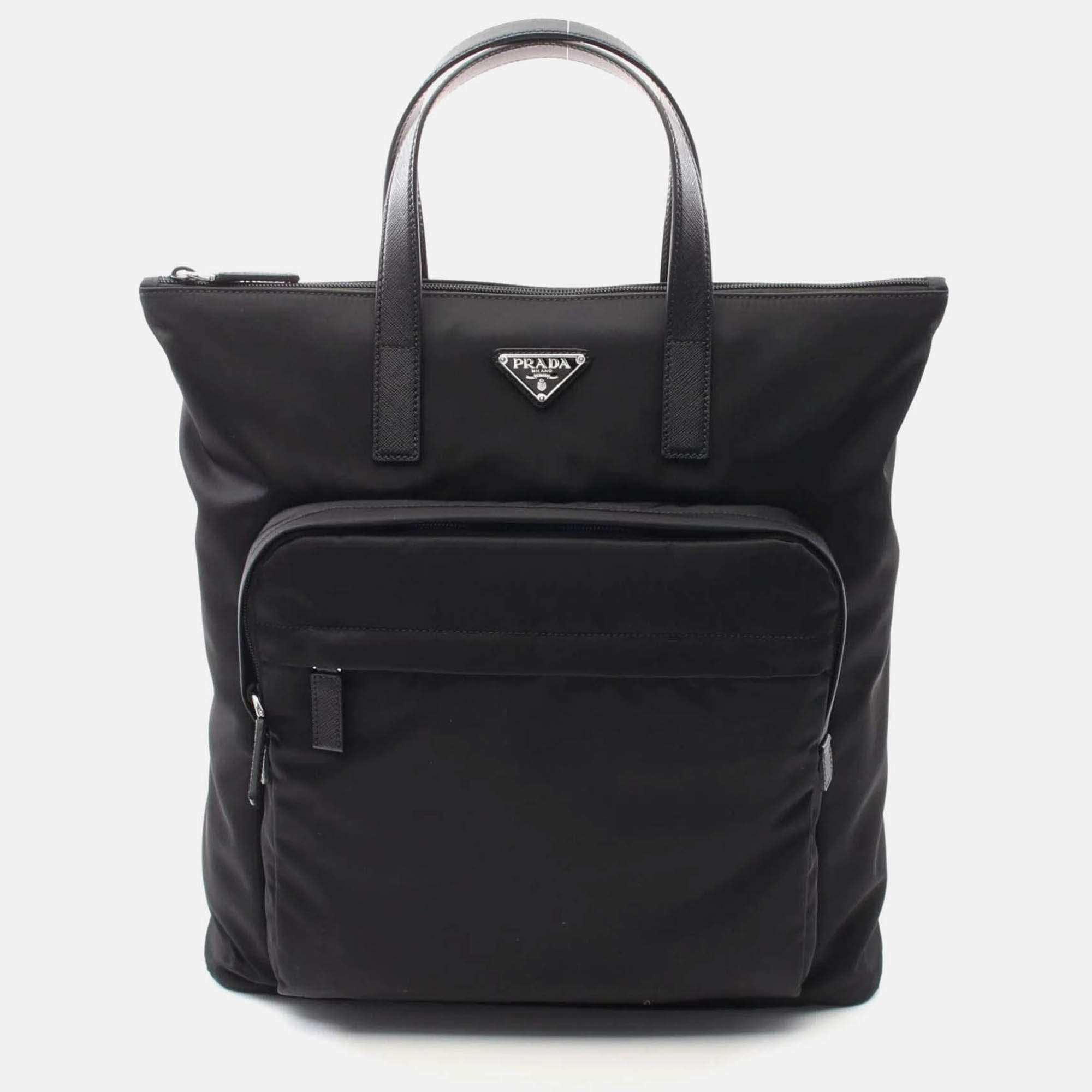 Pre Owned Prada Tessuto Black Nylon Saffiano Leather Backpack Bag