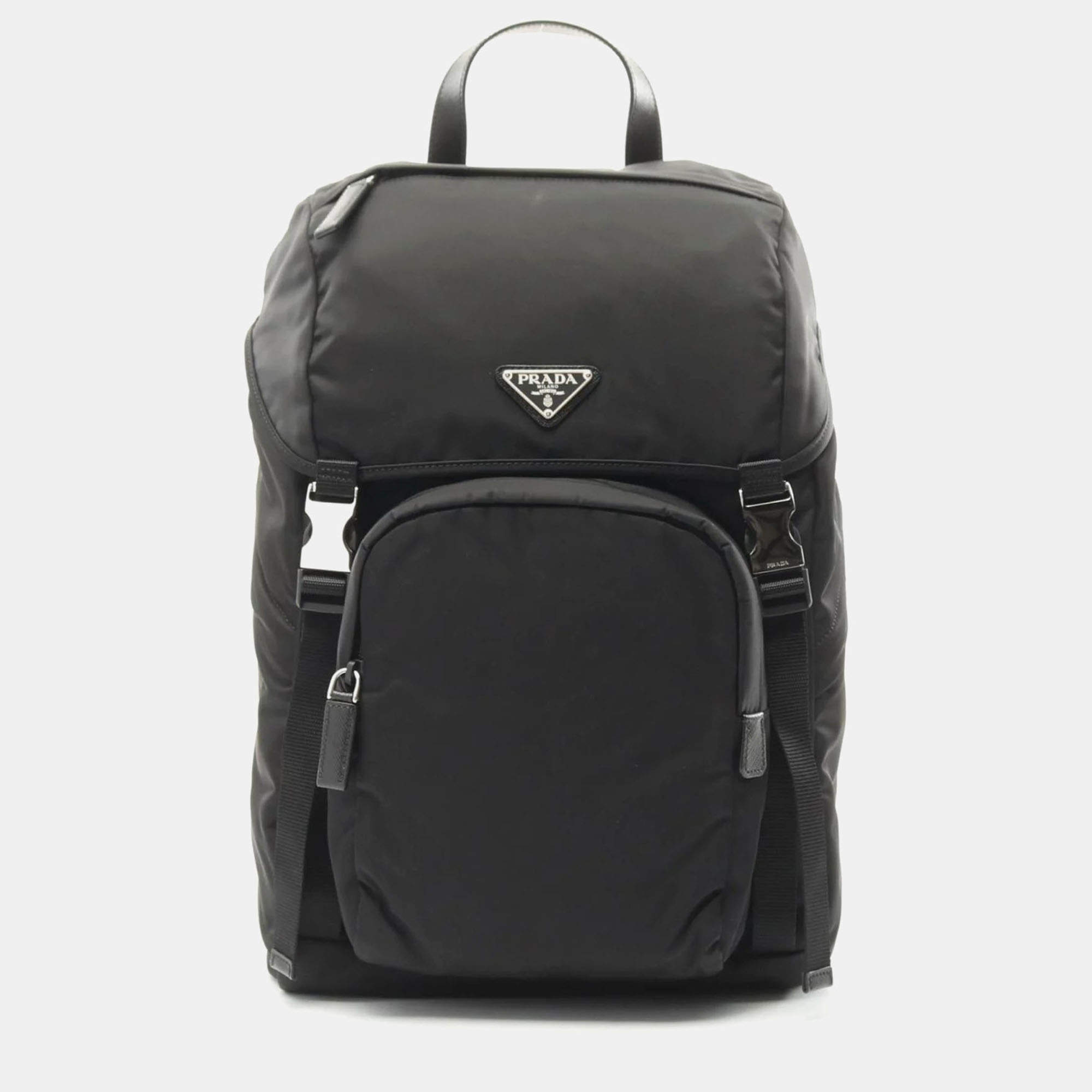 Pre Owned Prada Re-Nylon Black Nylon Saffiano Leather Backpack