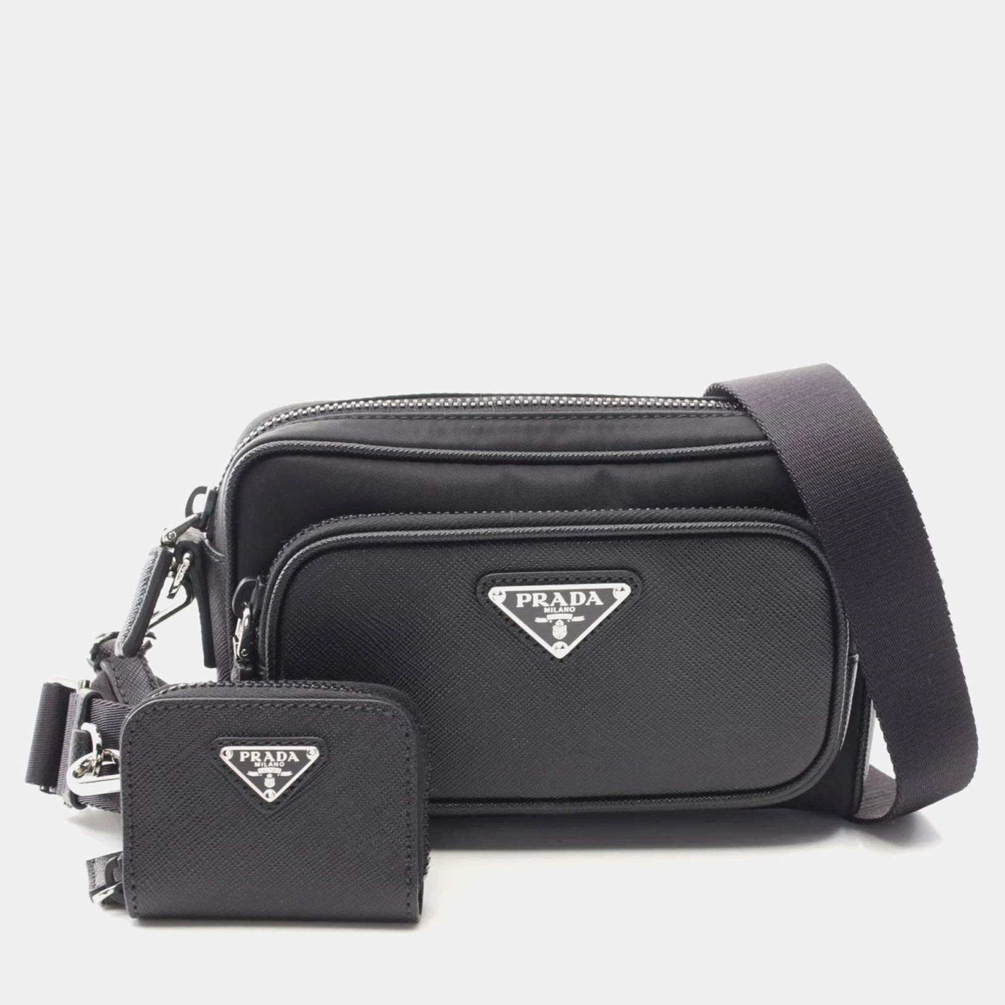Pre Owned Prada Tessuto Black Nylon Saffiano Leather Shoulder Bag