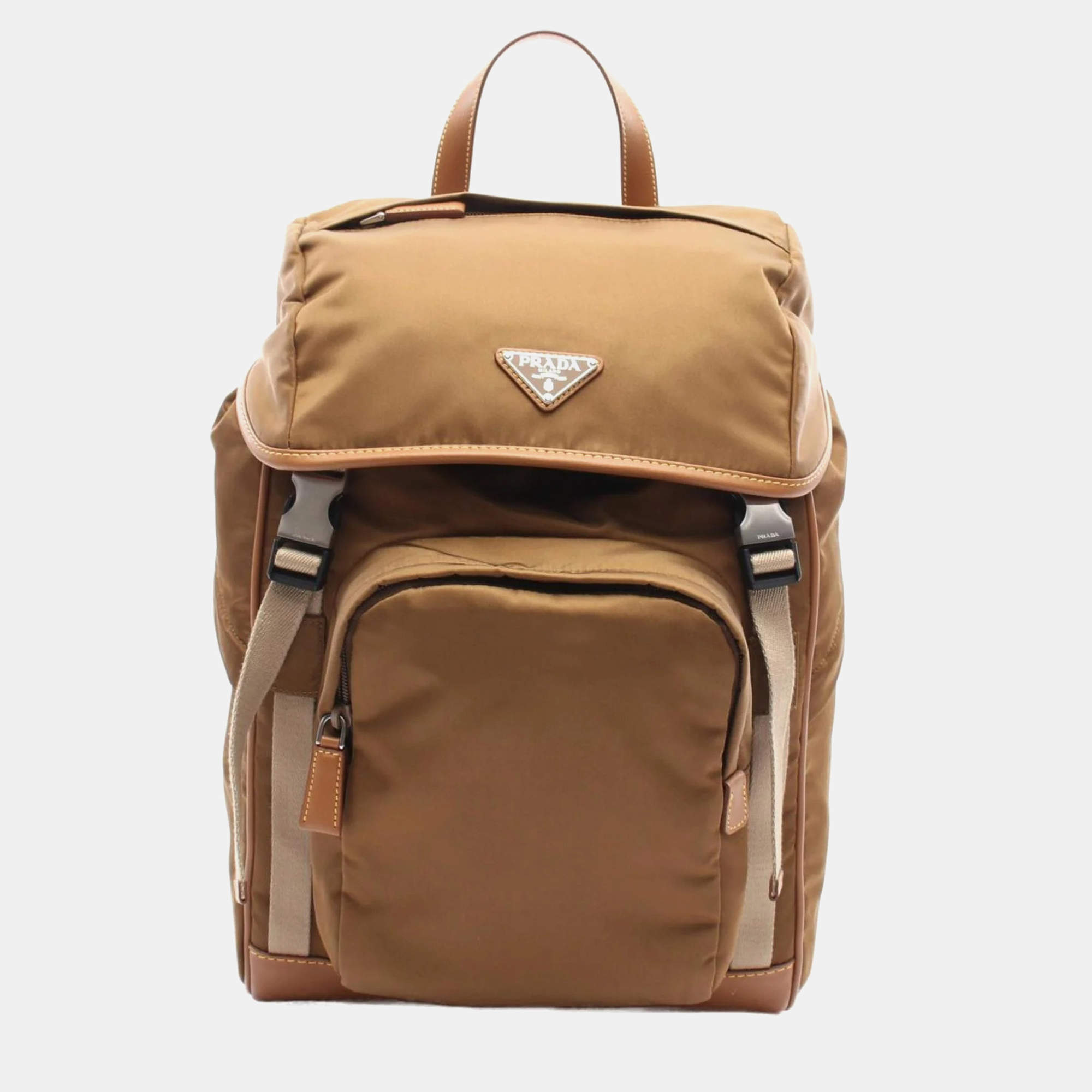 Pre Owned Prada Tessuto Vitello Brown Nylon Leather Backpack
