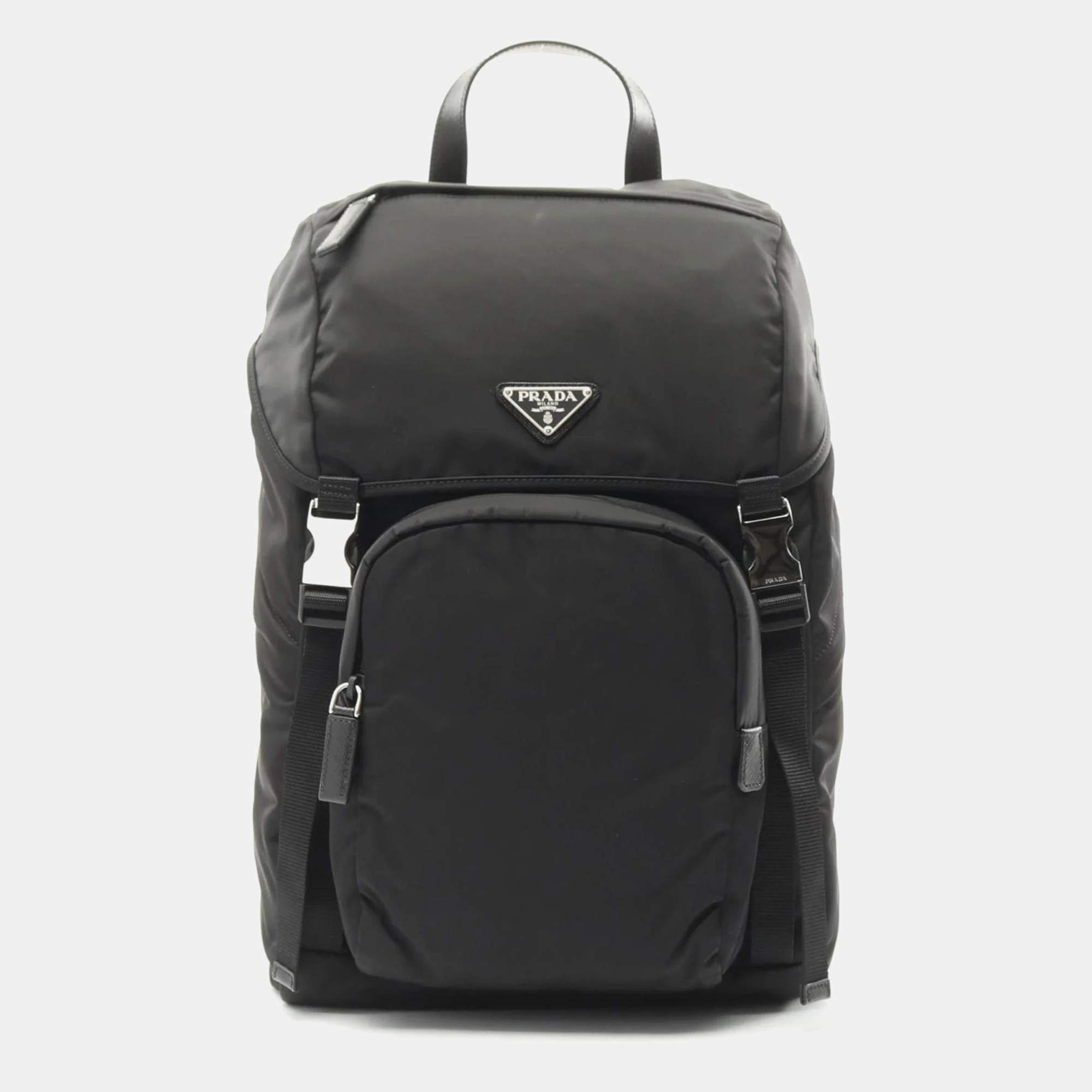 Pre Owned Prada Re-Nylon Black Nylon Saffiano Leather Backpack