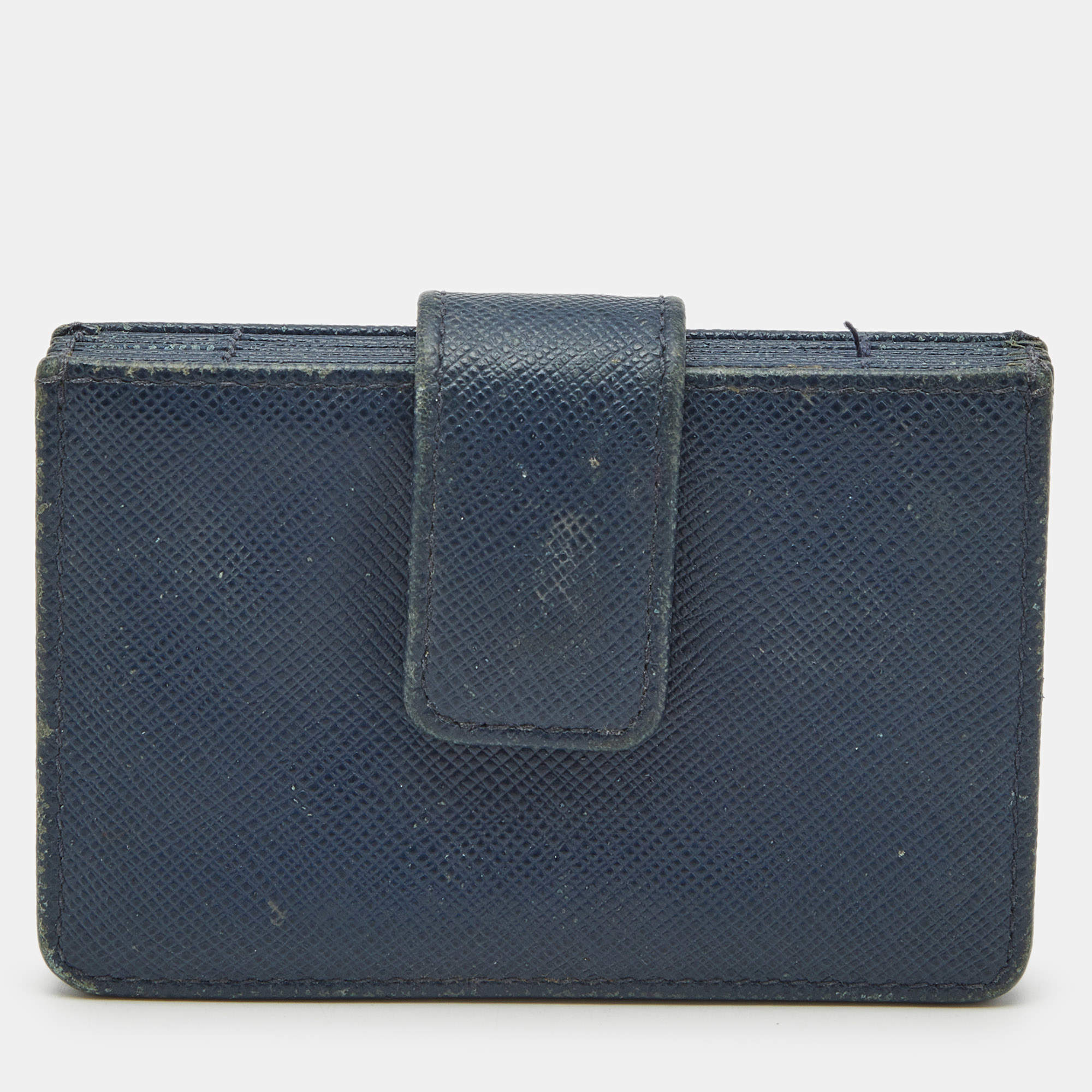 Pre Owned Prada Navy Blue Leather Flap Card Holder