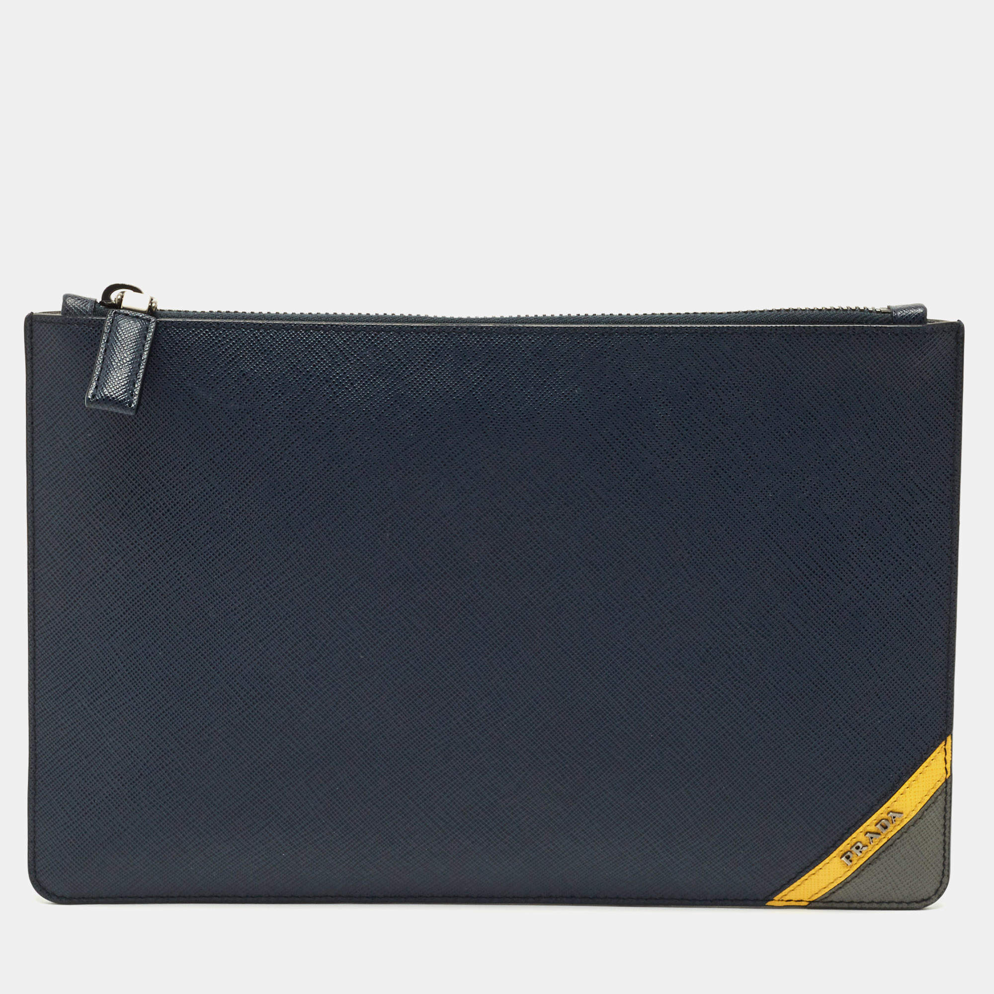 مملوكة مسبقًا Prada Navy Blue Saffiano Leather Flat Zip Pouch
