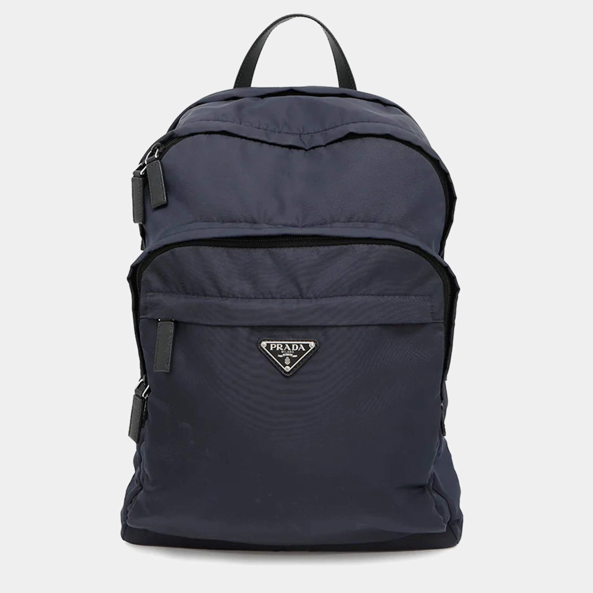 Pre Owned Prada Re-Nylon Navy Nylon Leather Backpack