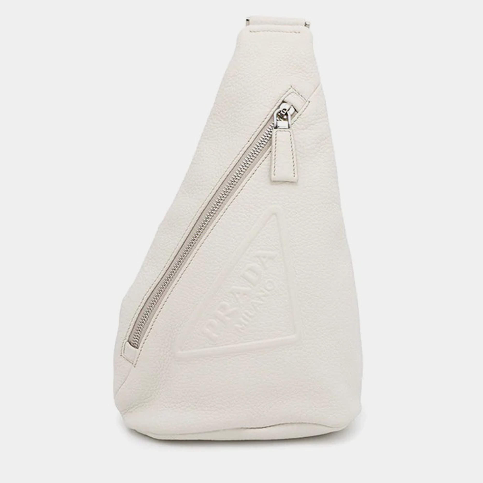 Pre Owned Prada Triangle Logo White Leather Crossbody Bag
