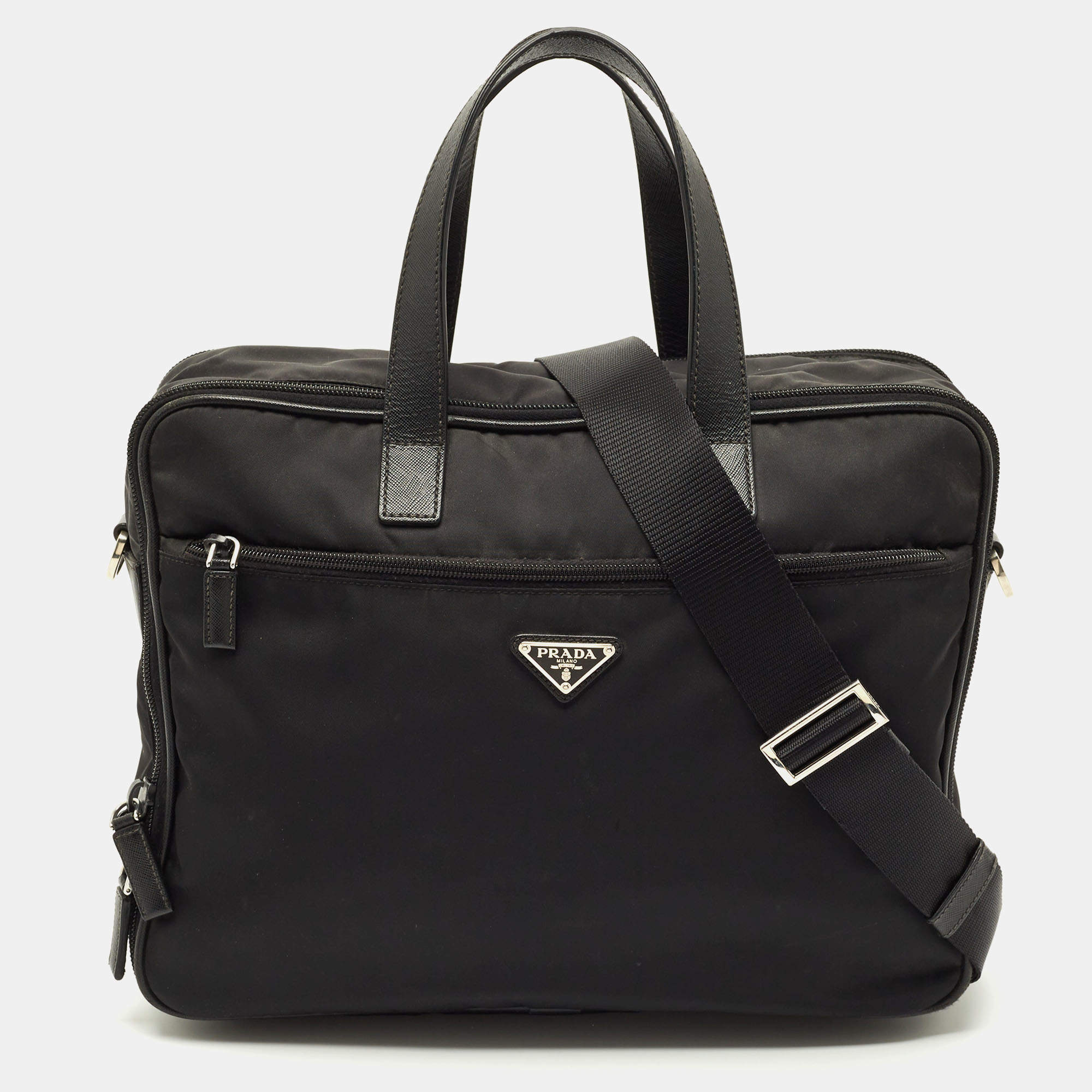 Pre Owned Prada Black Nylon and Saffiano Leather Briefcase