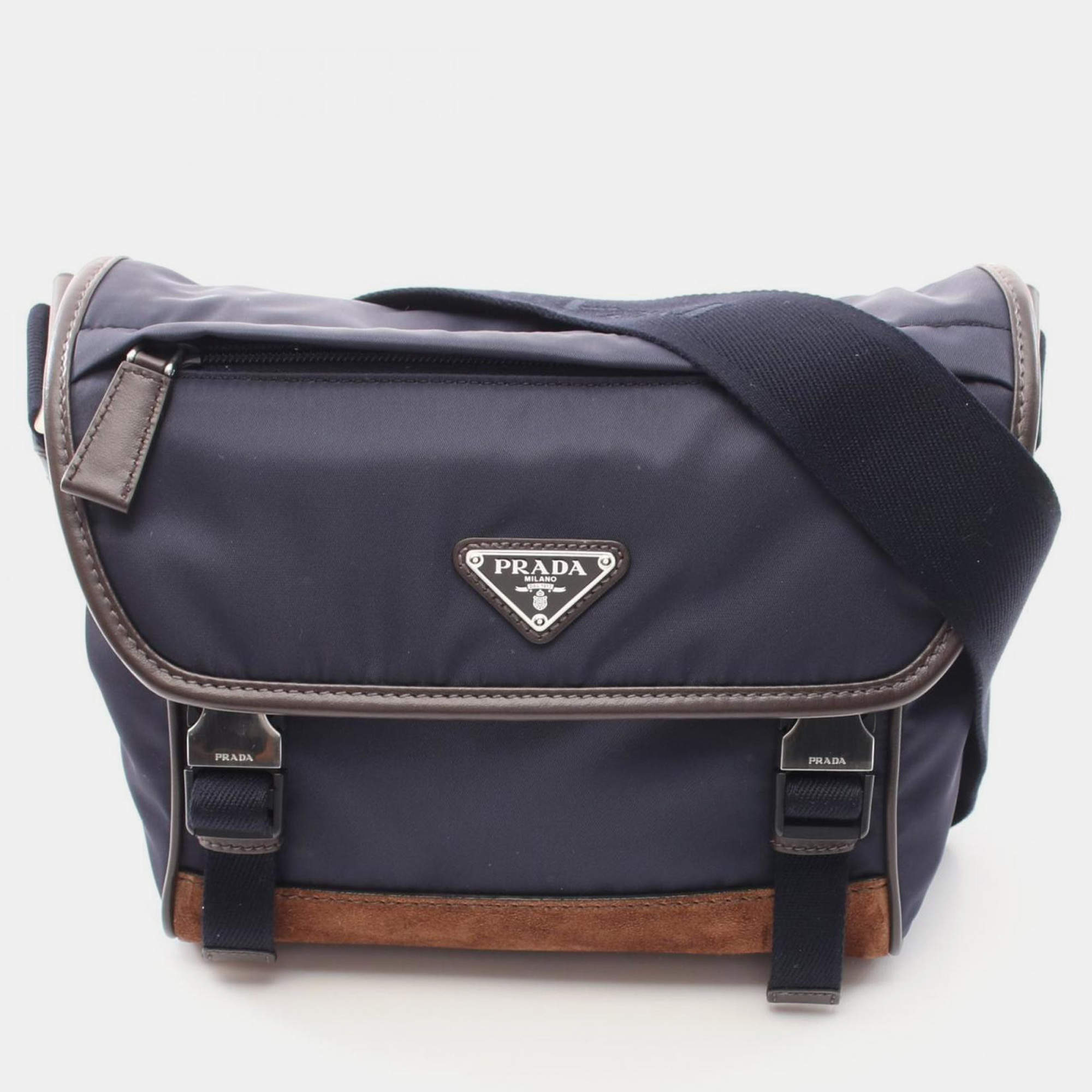 Pre Owned Prada Tessuto Camoscio Navy/Brown Nylon Leather Suede Shoulder Bag