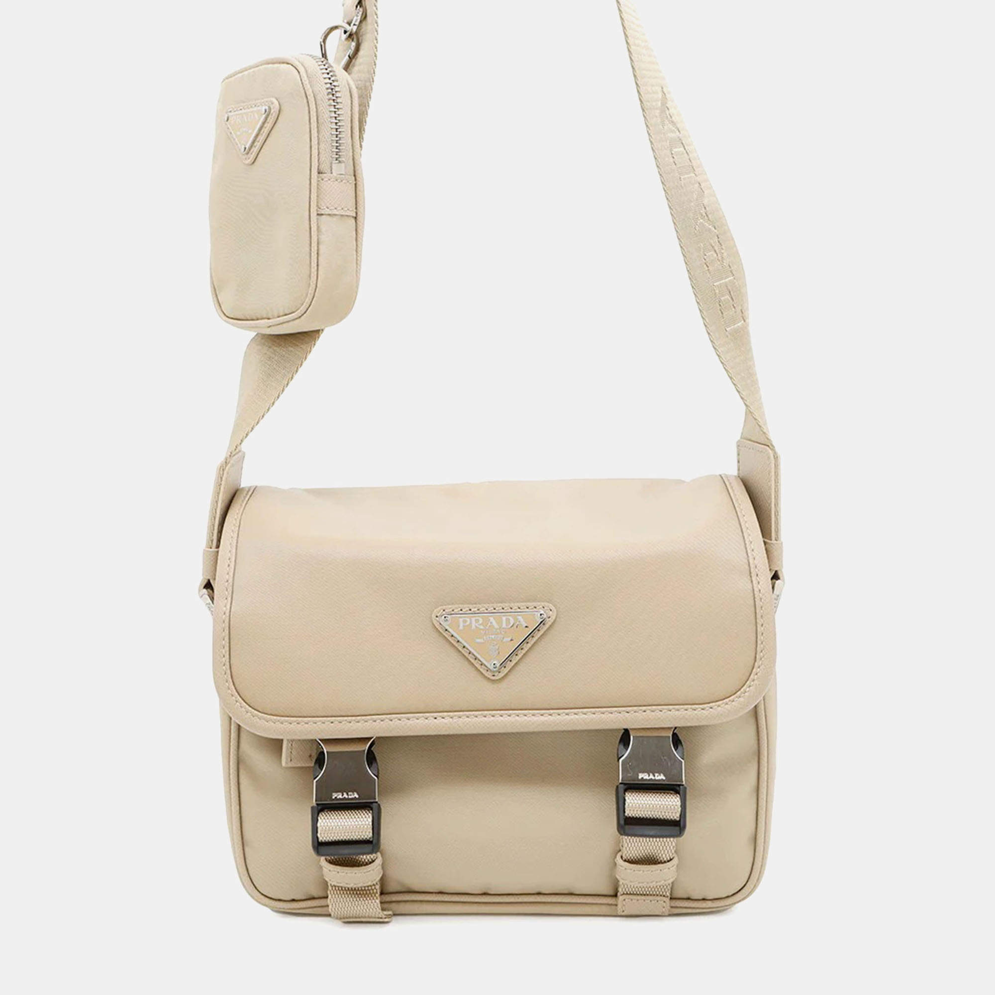 Pre Owned Prada Re-Nylon x Saffiano Beige Nylon Leather Shoulder Bag
