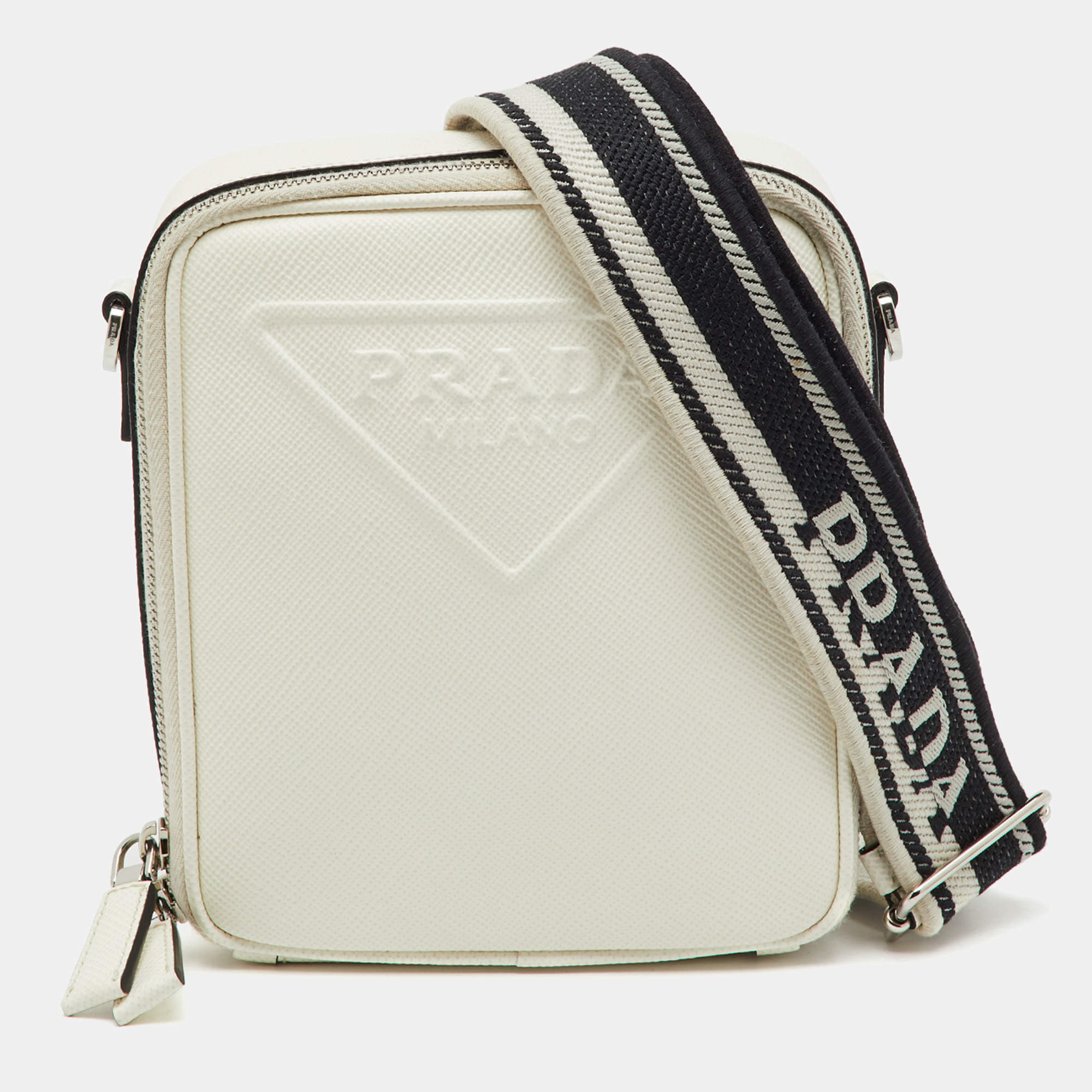 Pre Owned Prada White Leather Logo Embossed Vertical Shape Shoulder Bag