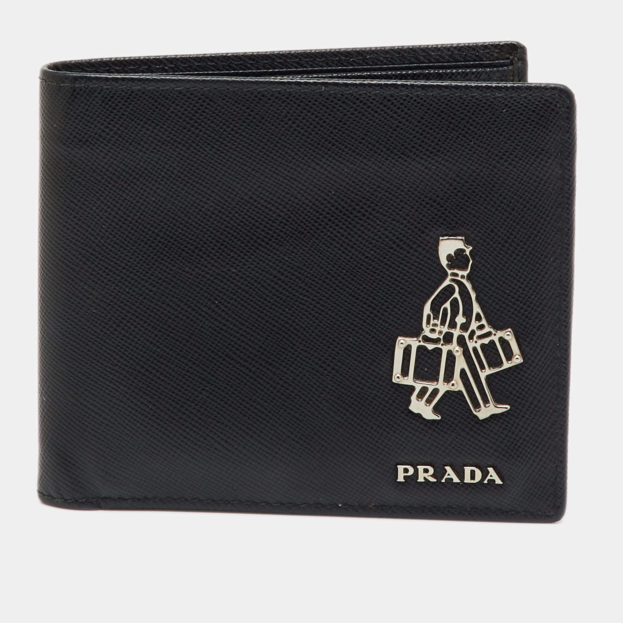 Pre Owned Prada Black Saffiano Metal Leather Bellhop Bifold Wallet