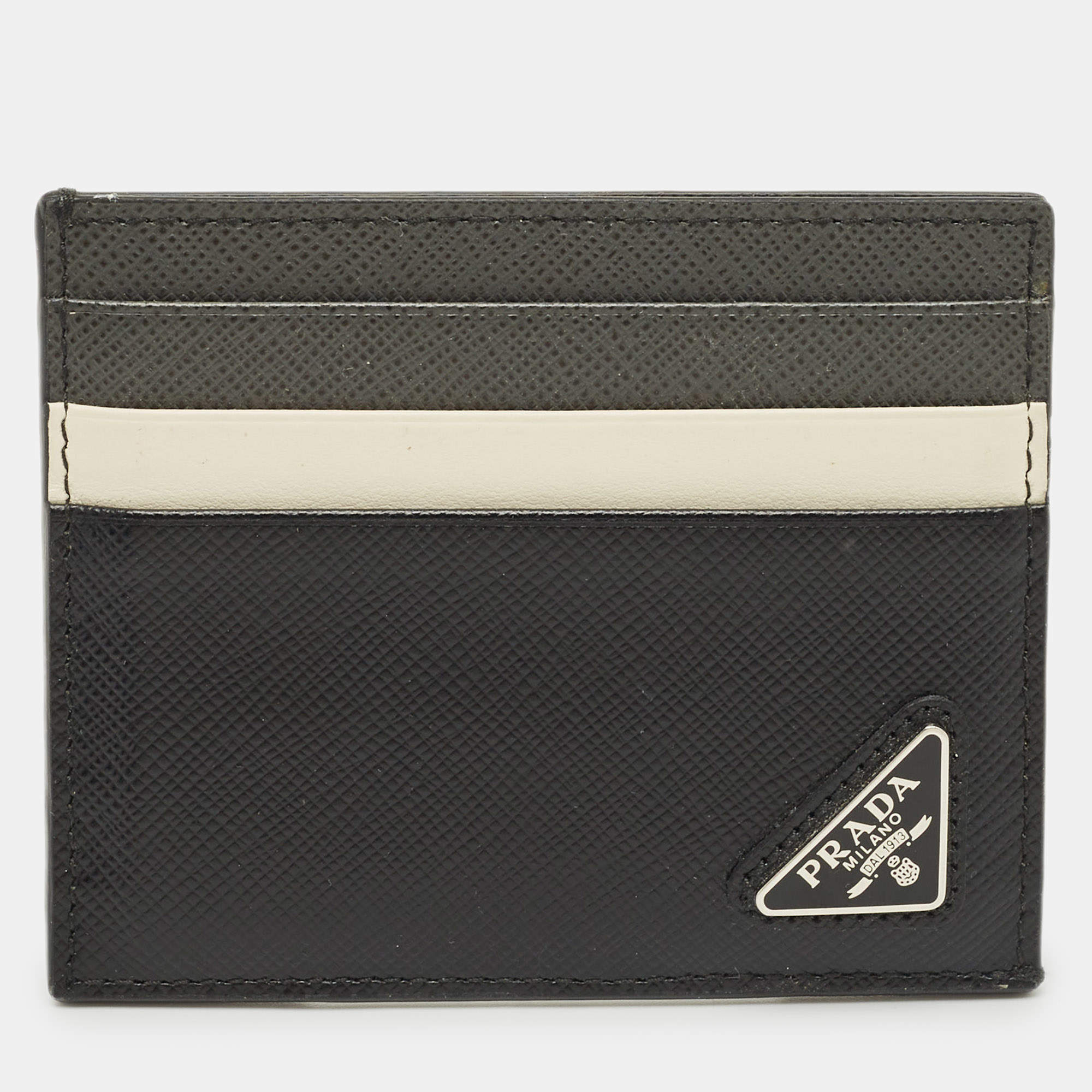 Pre Owned Prada Black/White Saffiano Metal Leather Logo Card Holder