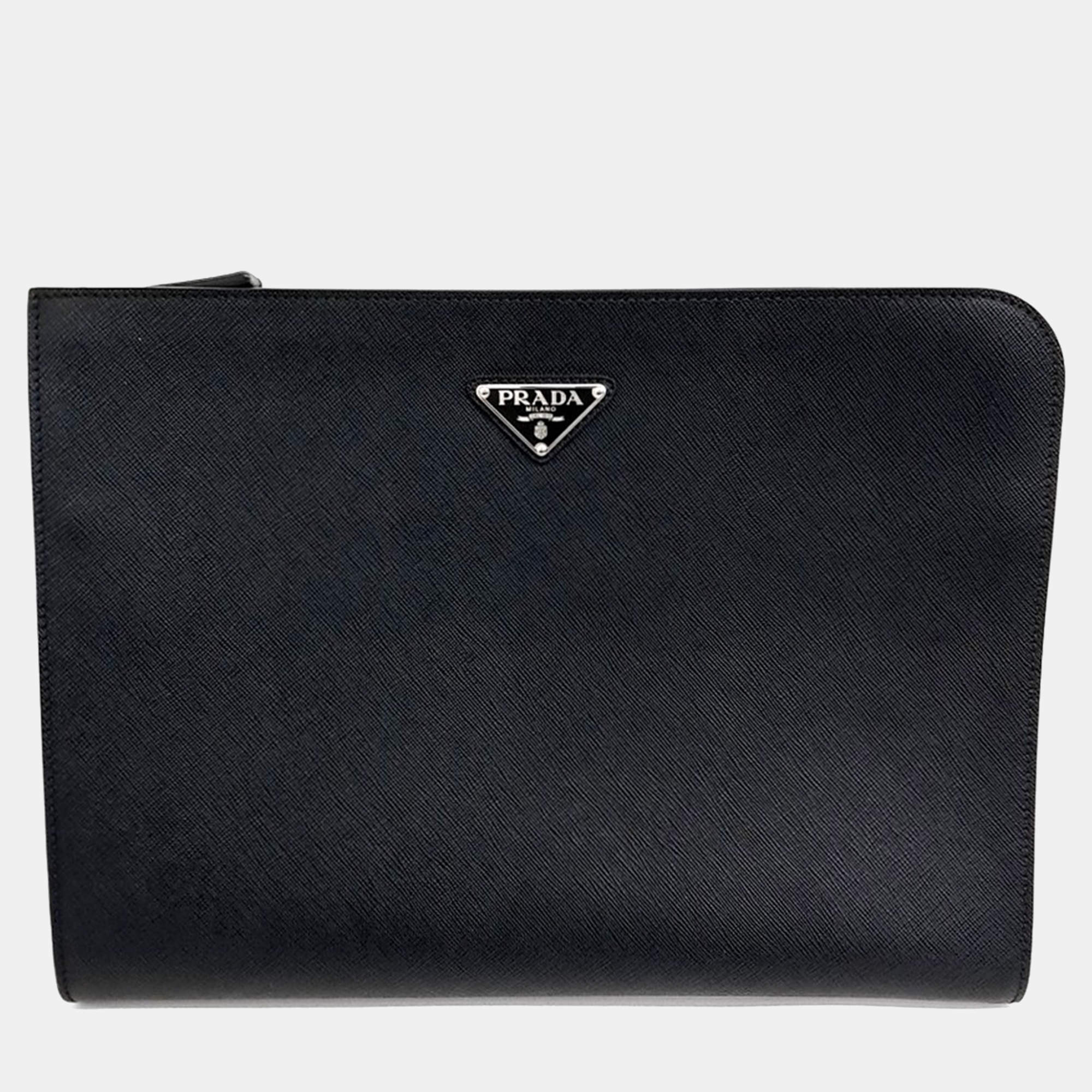 Pre Owned Prada Black Leather Saffiano Clutch