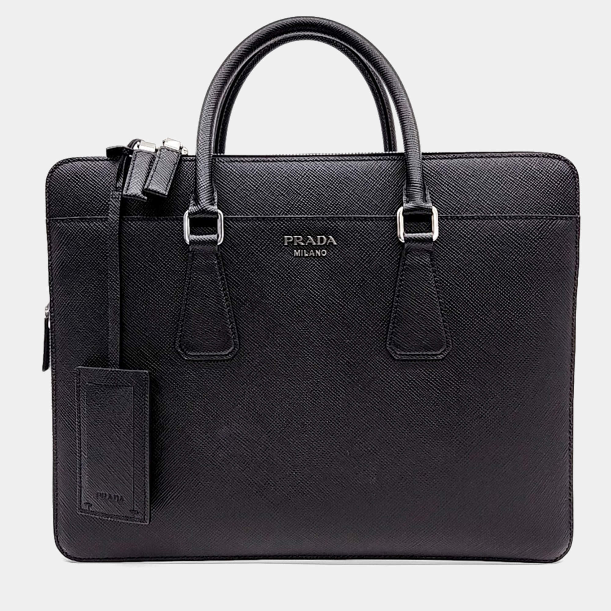 Pre Owned Prada Black Leather Saffiano Briefcase