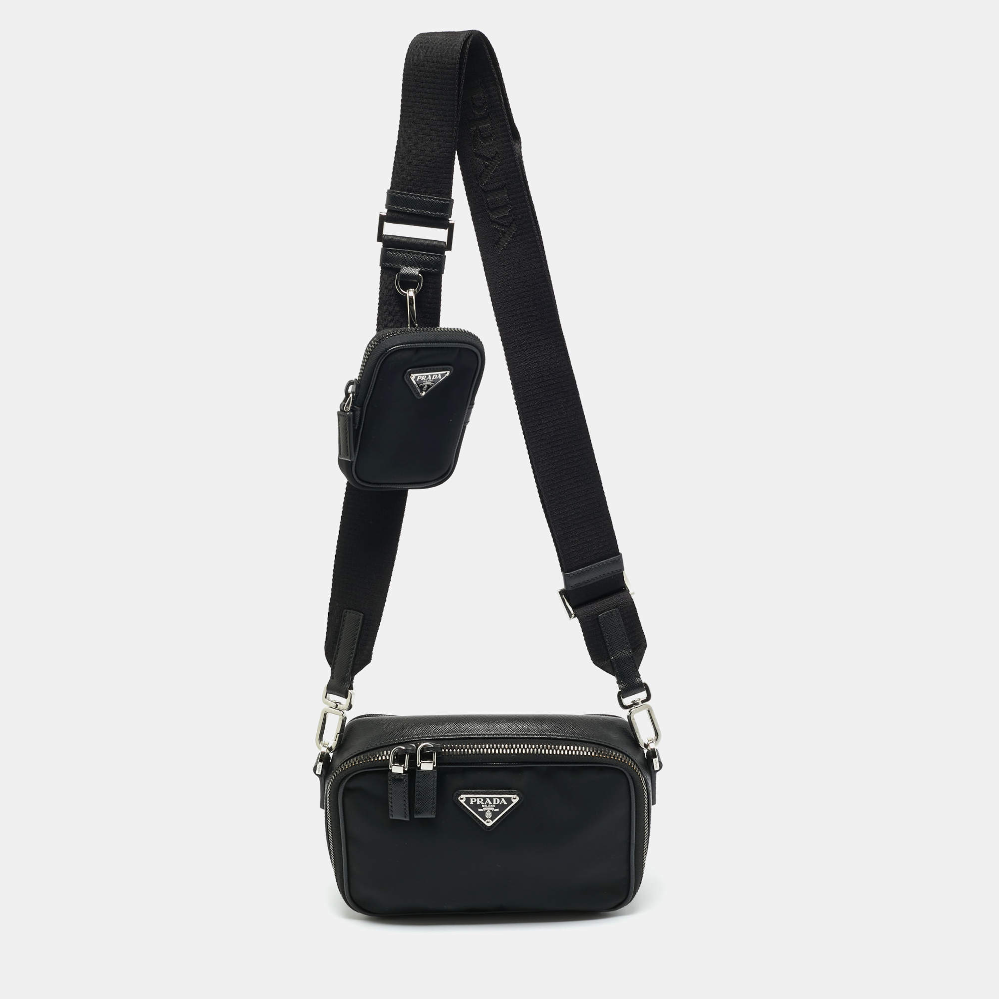 Pre Owned Prada Black Saffiano Lux Leather and Re-Nylon Brique Crossbody Bag
