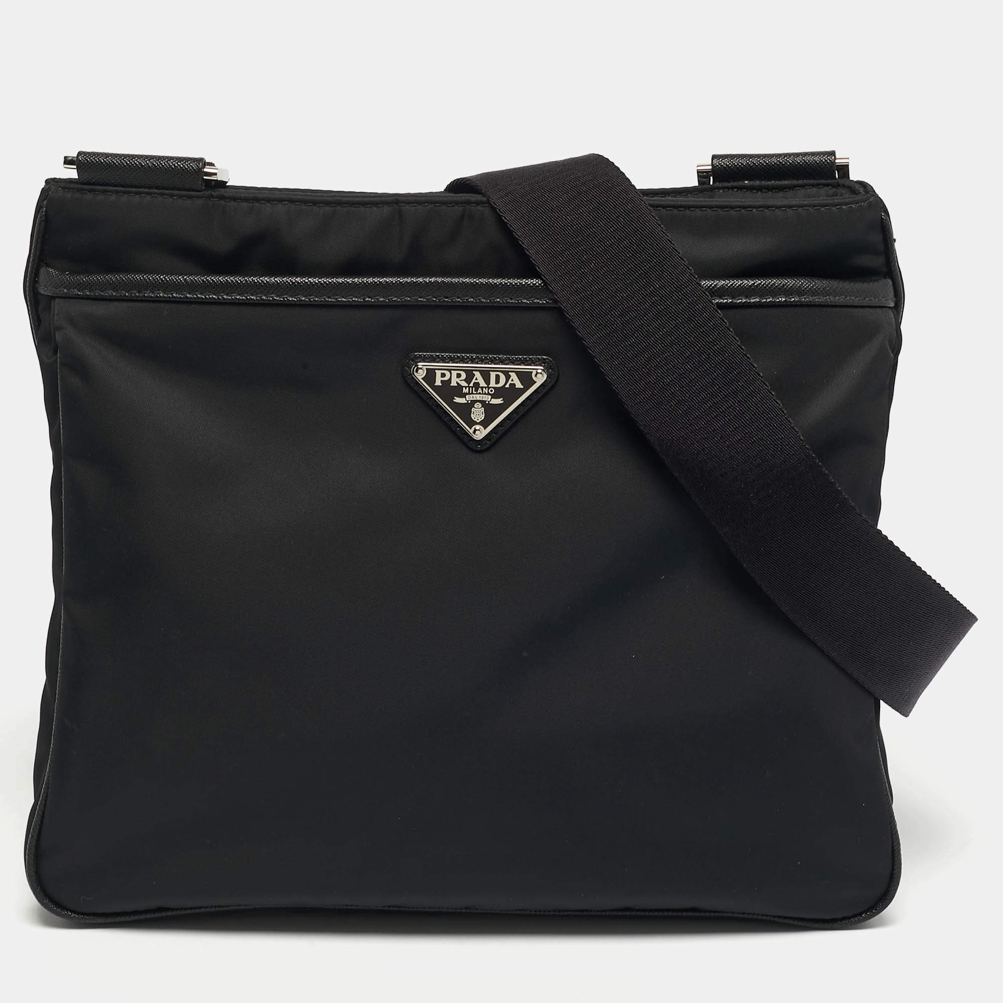 Pre Owned Prada Black Re-Nylon and Saffiano Leather Messenger Bag
