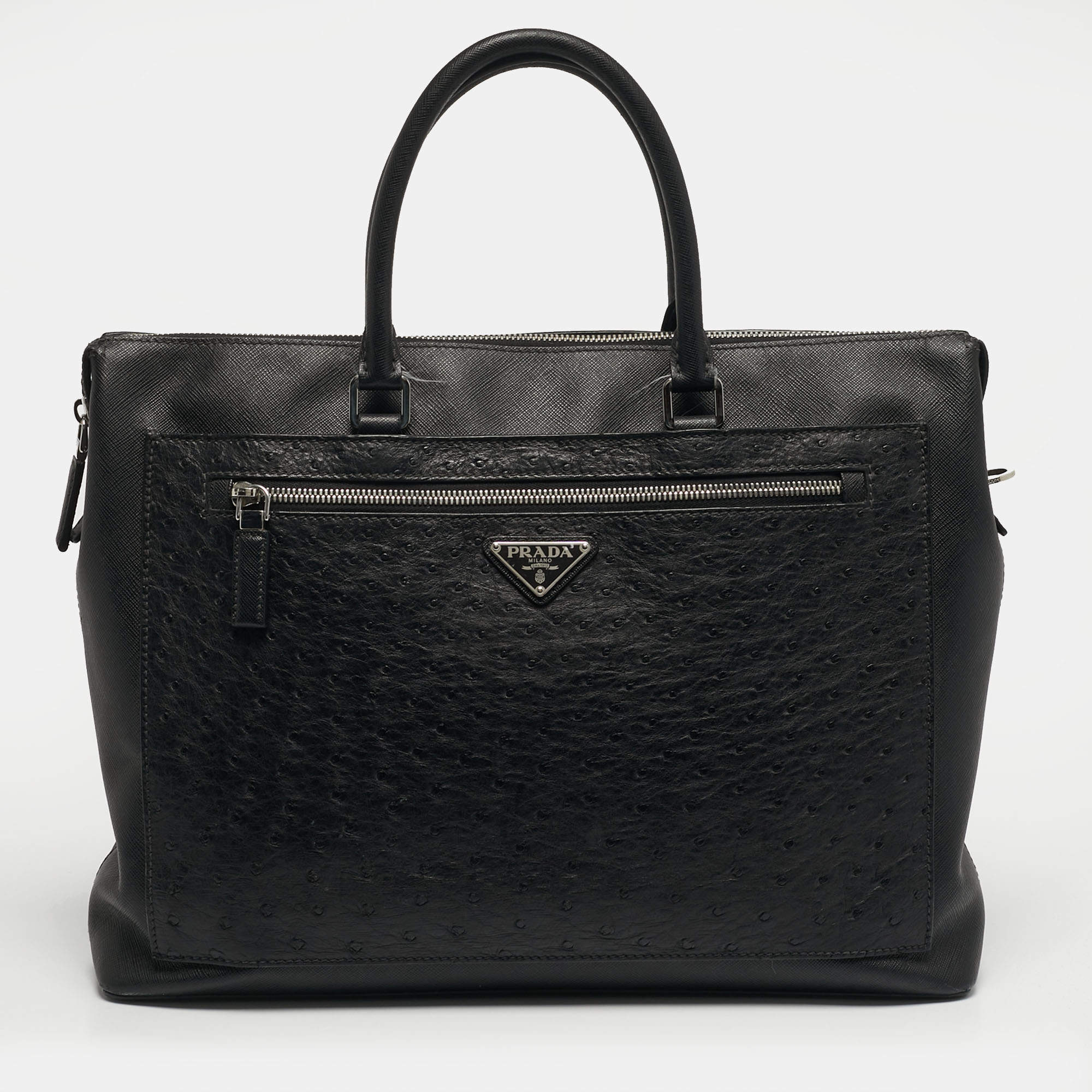 مملوكة مسبقًا Prada Black Ostrich Leather and Saffiano Leather Briefcase 