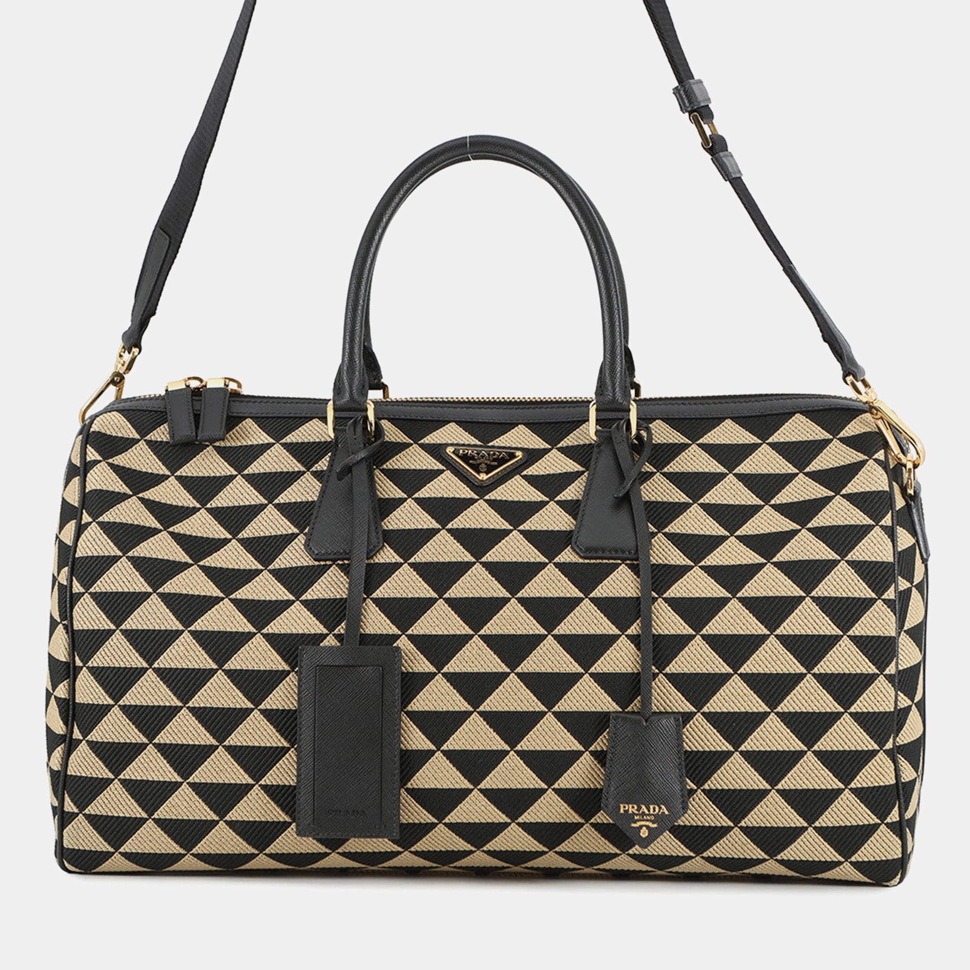 Pre Owned حقيبة سفر برادا قماش تطريز الرموز بيج/أسود جلد سافيانو